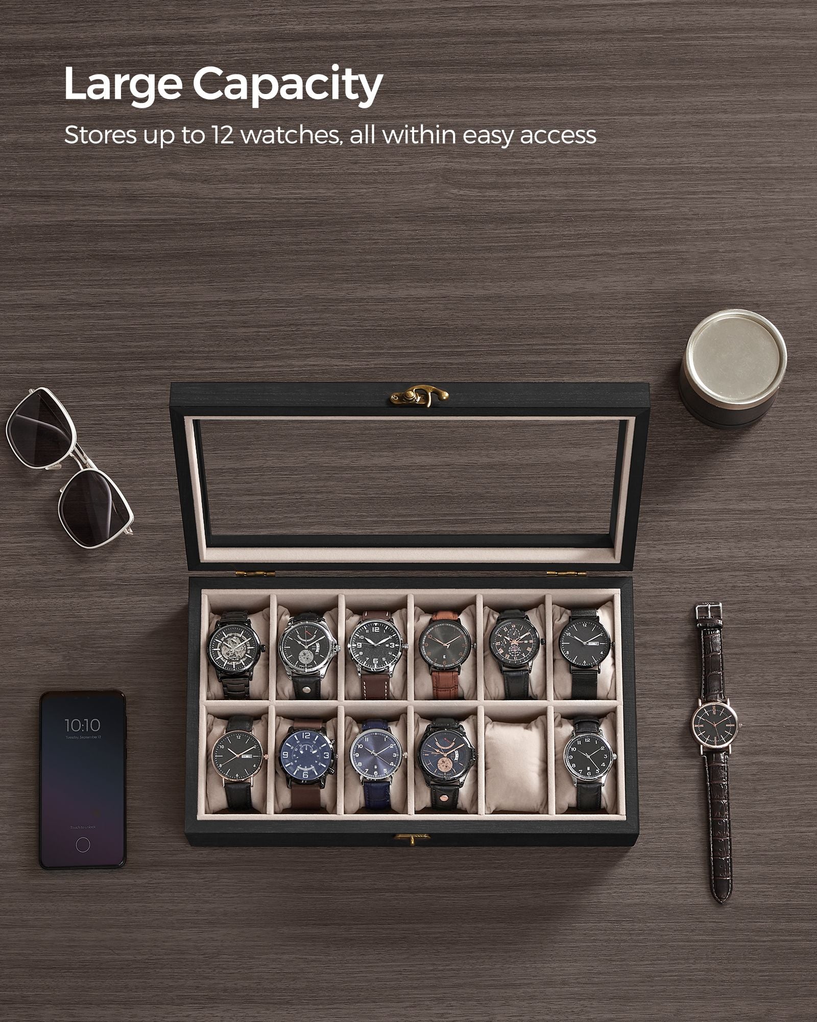12-Slot Solid Wood Watch Box - Large Glass Lid - Ebony Black - Elegant Display with a Glass Lid