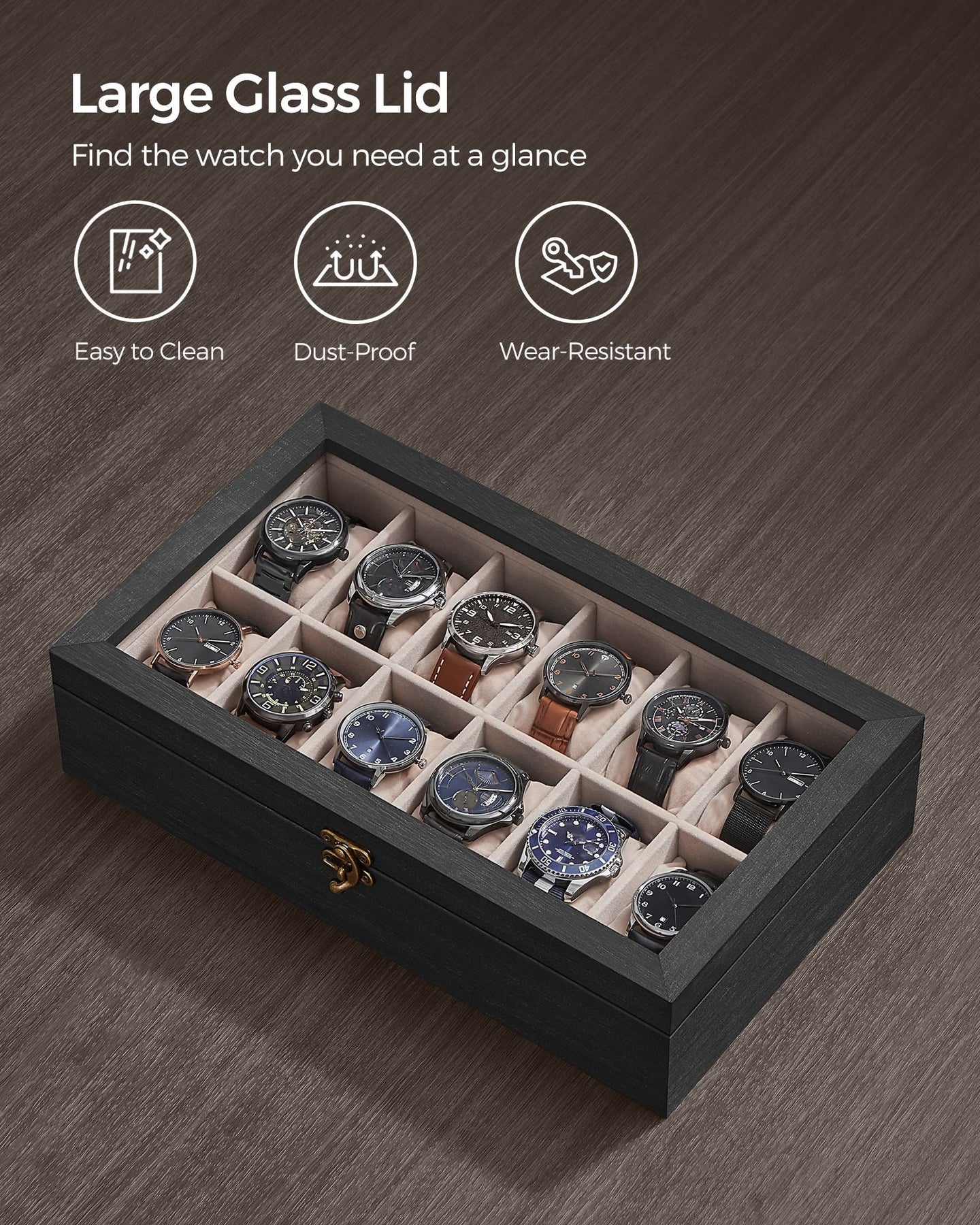 12-Slot Solid Wood Watch Box - Large Glass Lid - Ebony Black - Elegant Display with a Glass Lid