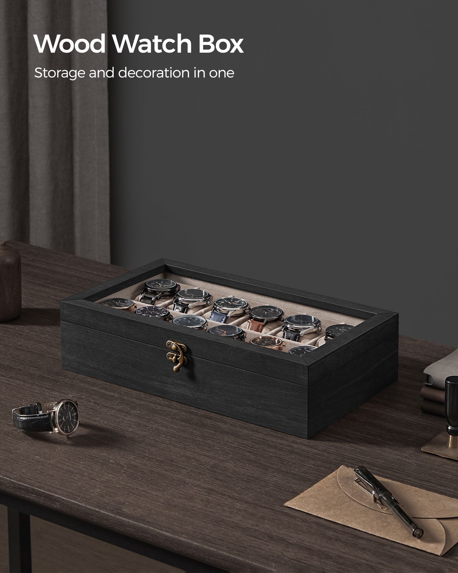 12-Slot Solid Wood Watch Box - Large Glass Lid - Ebony Black - Elegant Display with a Glass Lid