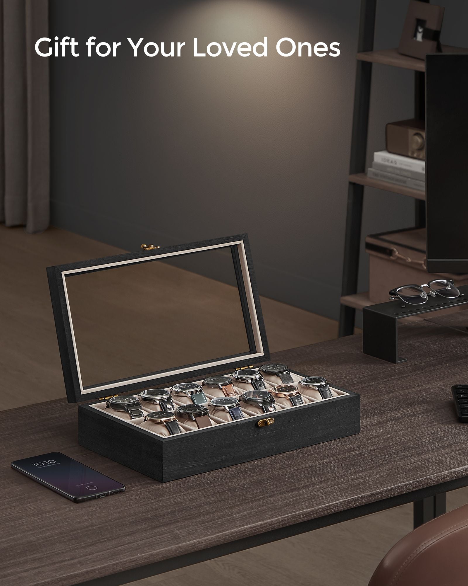 12-Slot Solid Wood Watch Box - Large Glass Lid - Ebony Black - Elegant Display with a Glass Lid
