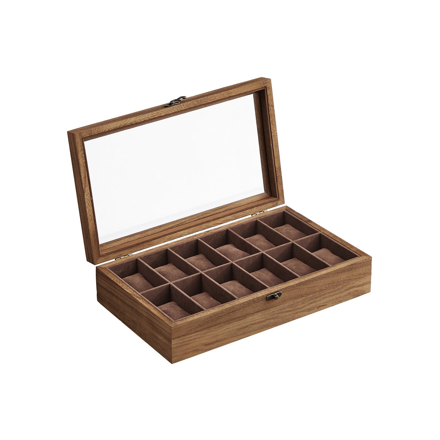 Watch Box - Solid Wood - Rustic Walnut - 12 Slots with Glass Lid