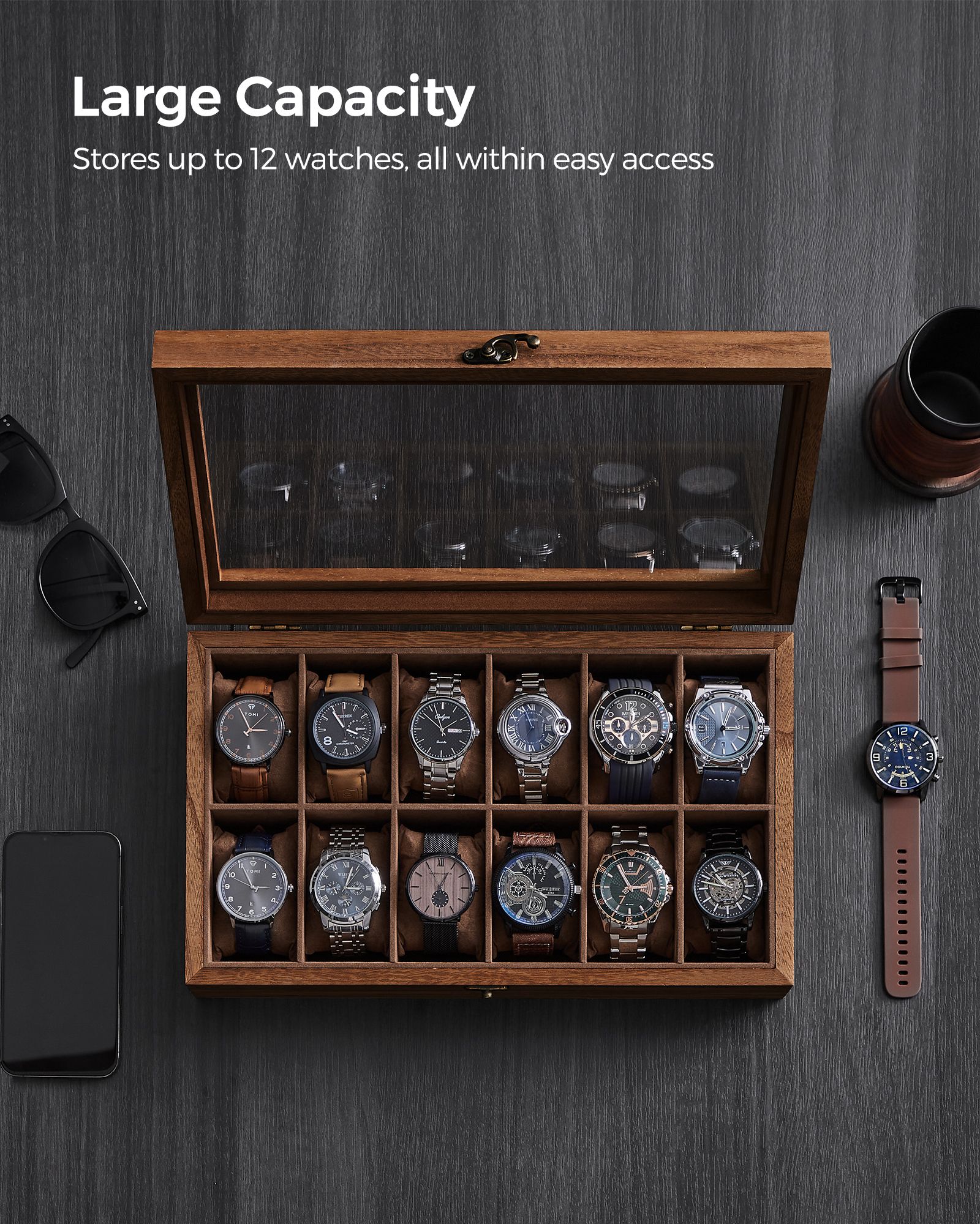 Watch Box - Solid Wood - Rustic Walnut - 12 Slots with Glass Lid