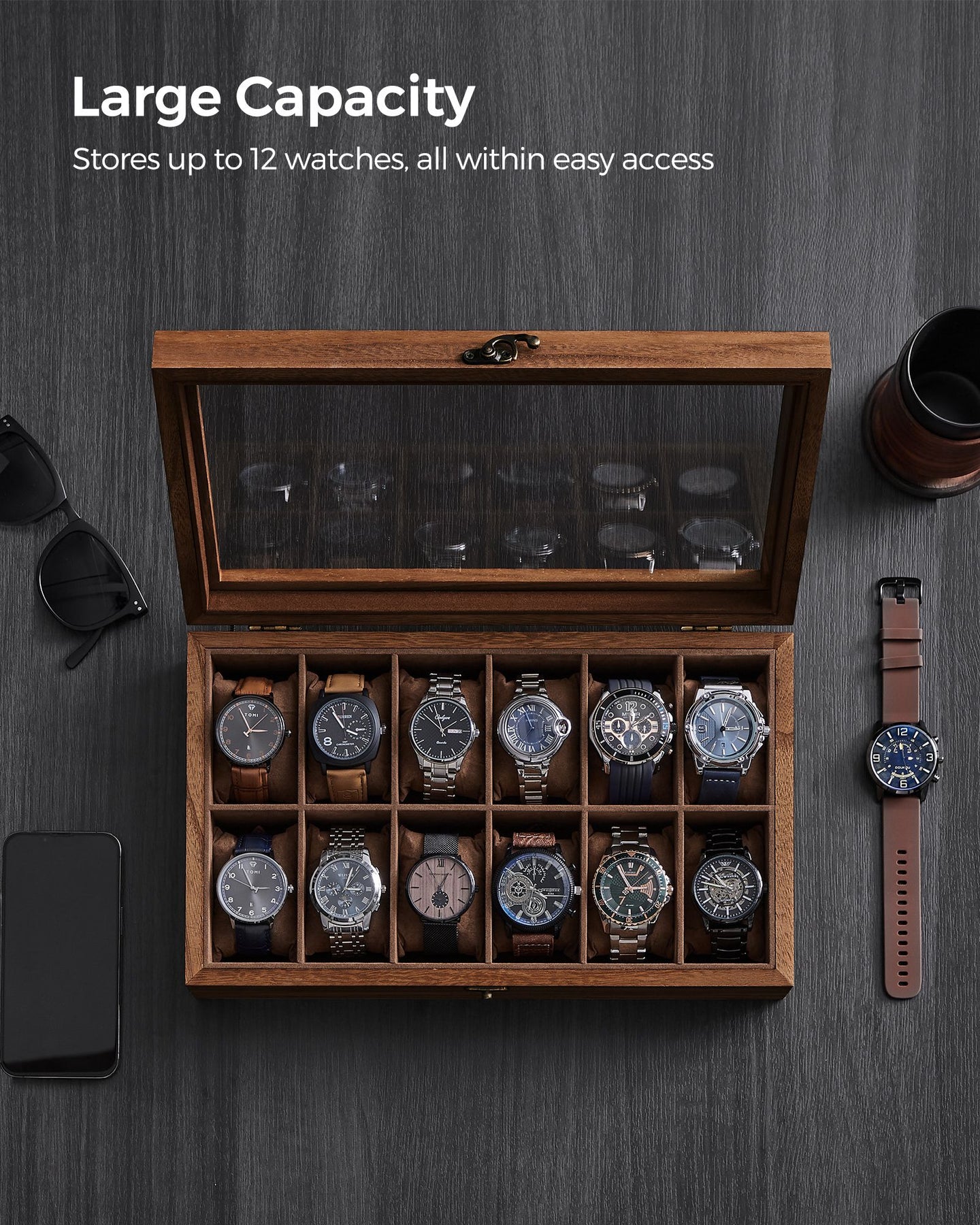 Watch Box - Solid Wood - Rustic Walnut - 12 Slots with Glass Lid