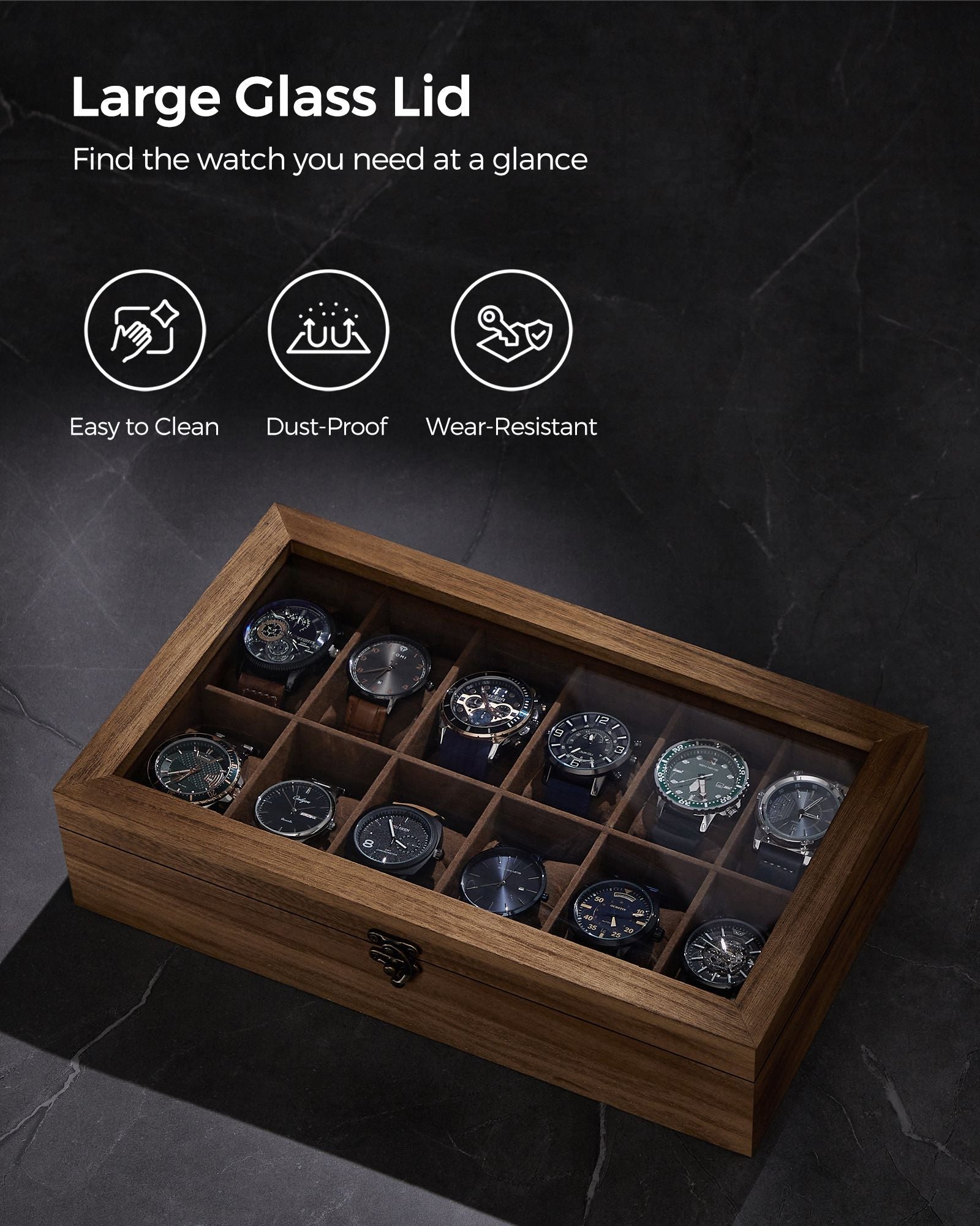 Watch Box - Solid Wood - Rustic Walnut - 12 Slots with Glass Lid