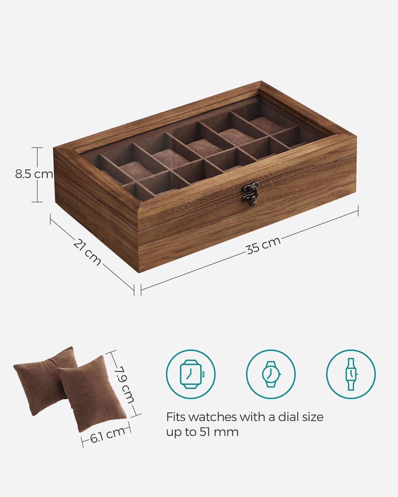 Watch Box - Solid Wood - Rustic Walnut - 12 Slots with Glass Lid