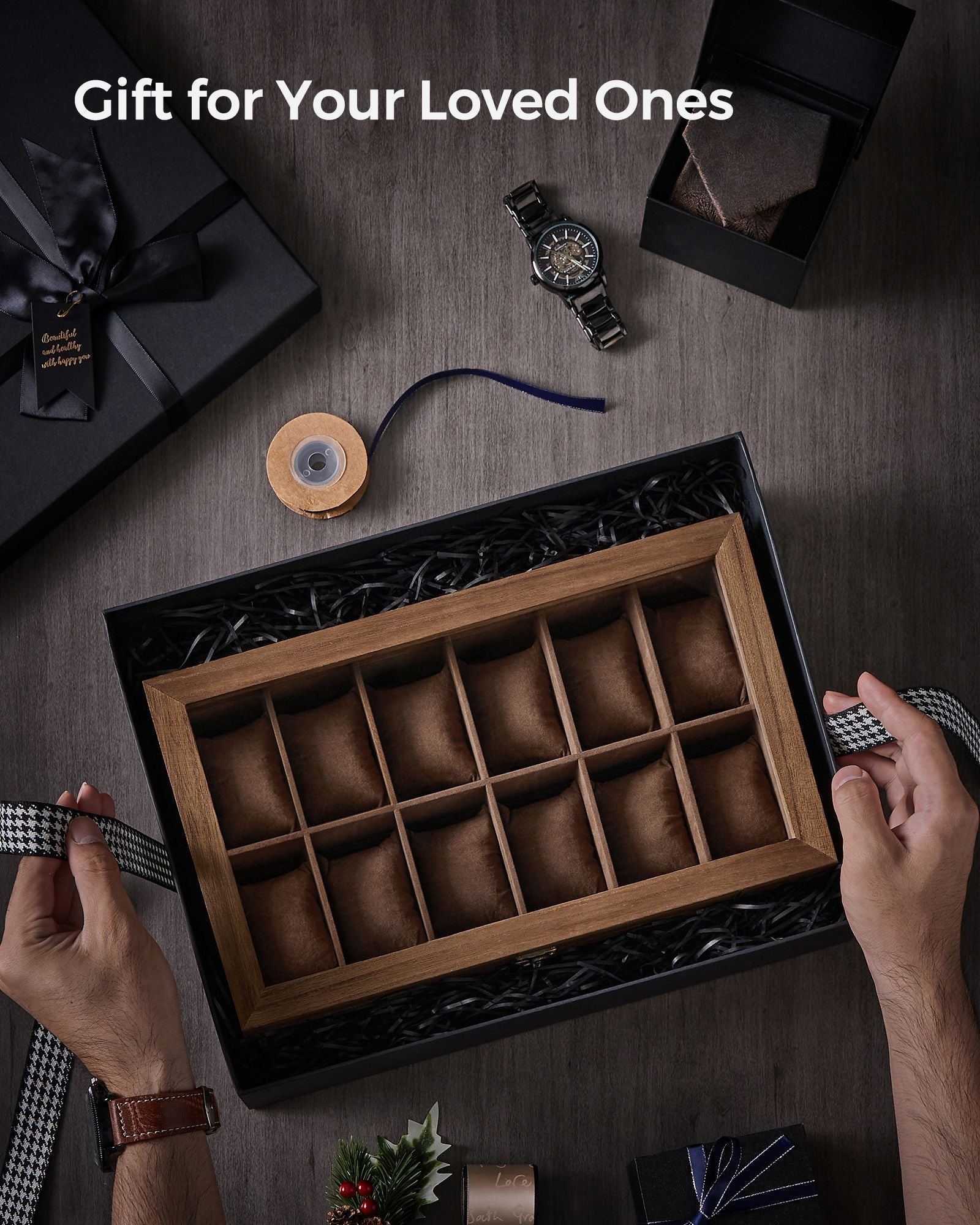 Watch Box - Solid Wood - Rustic Walnut - 12 Slots with Glass Lid