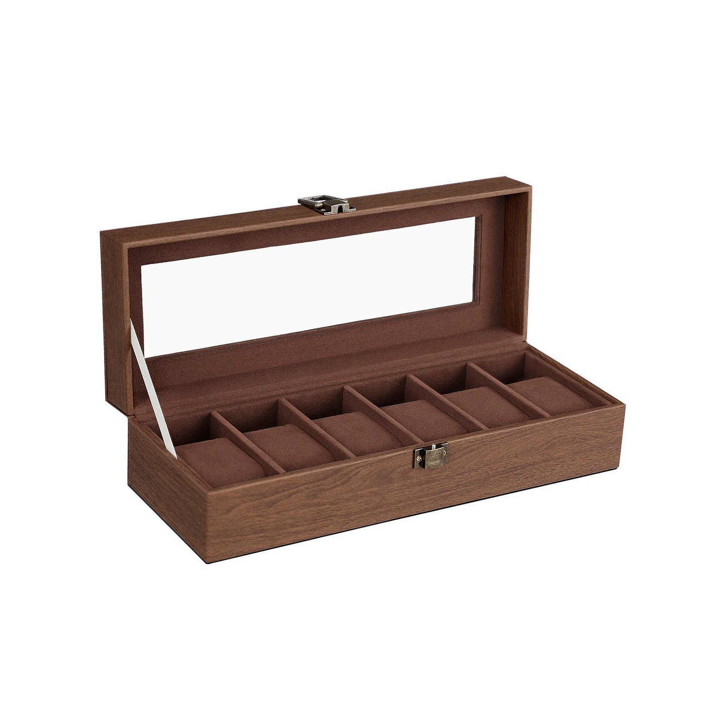 Watch Box - Velvet - Black - 6 Slots with Glass Lid and Lock
