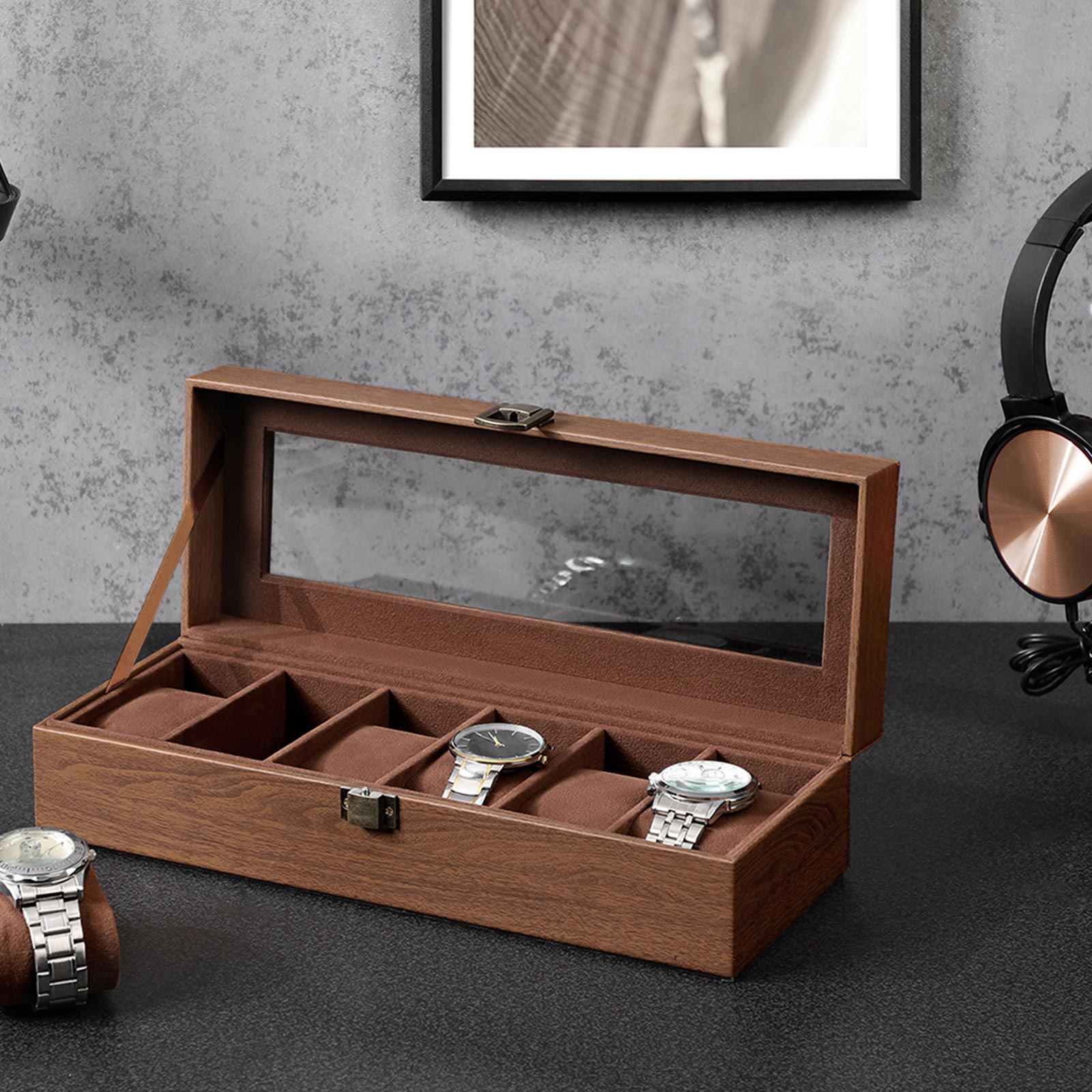 Watch Box - Velvet - Black - 6 Slots with Glass Lid and Lock