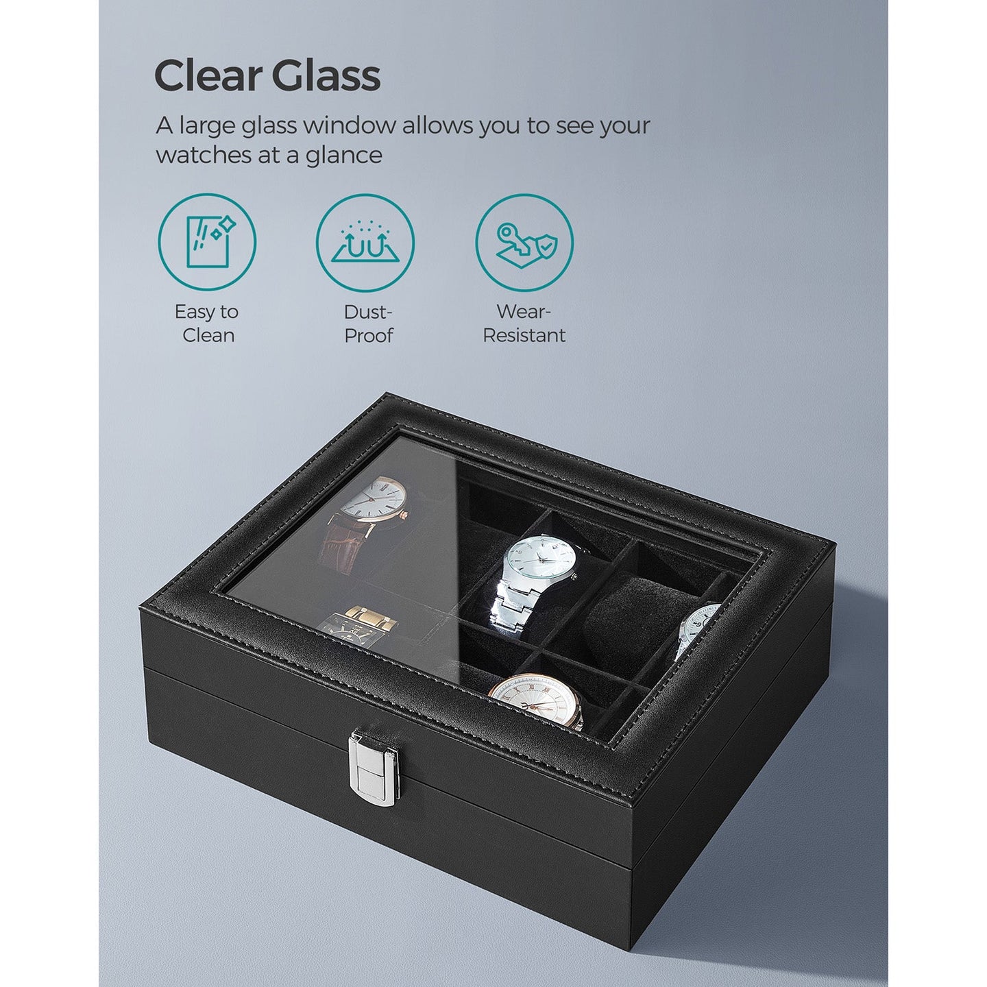 Watch Box - Glass - Clear - 10 Slots with Lockable Lid