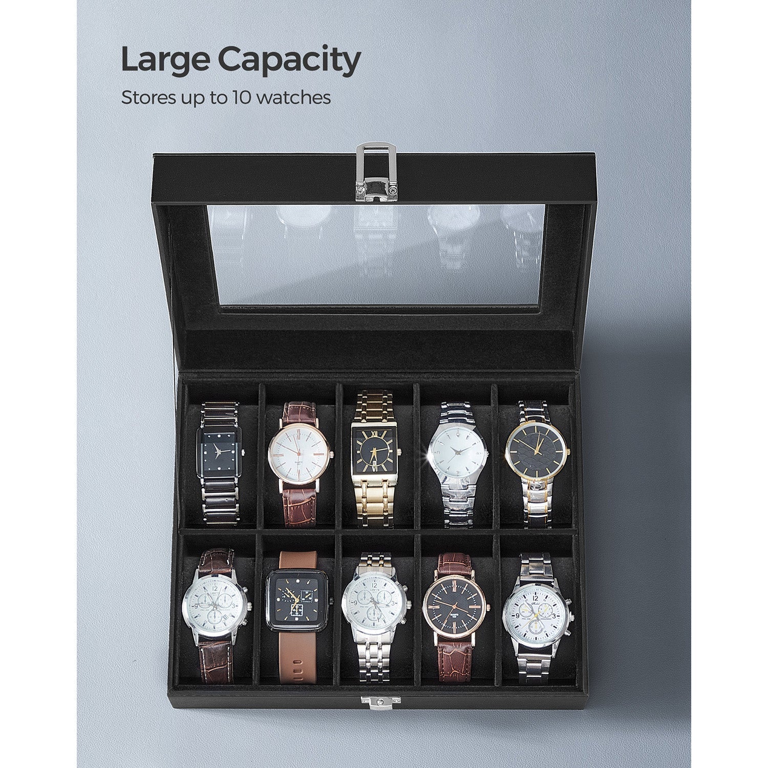 Watch Box - Glass - Clear - 10 Slots with Lockable Lid
