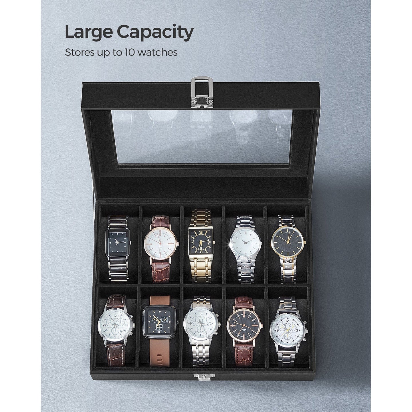 Watch Box - Glass - Clear - 10 Slots with Lockable Lid