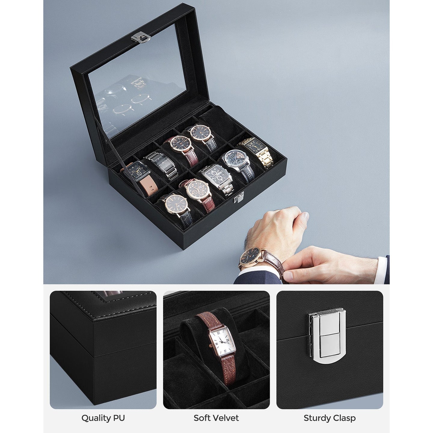 Watch Box - Glass - Clear - 10 Slots with Lockable Lid