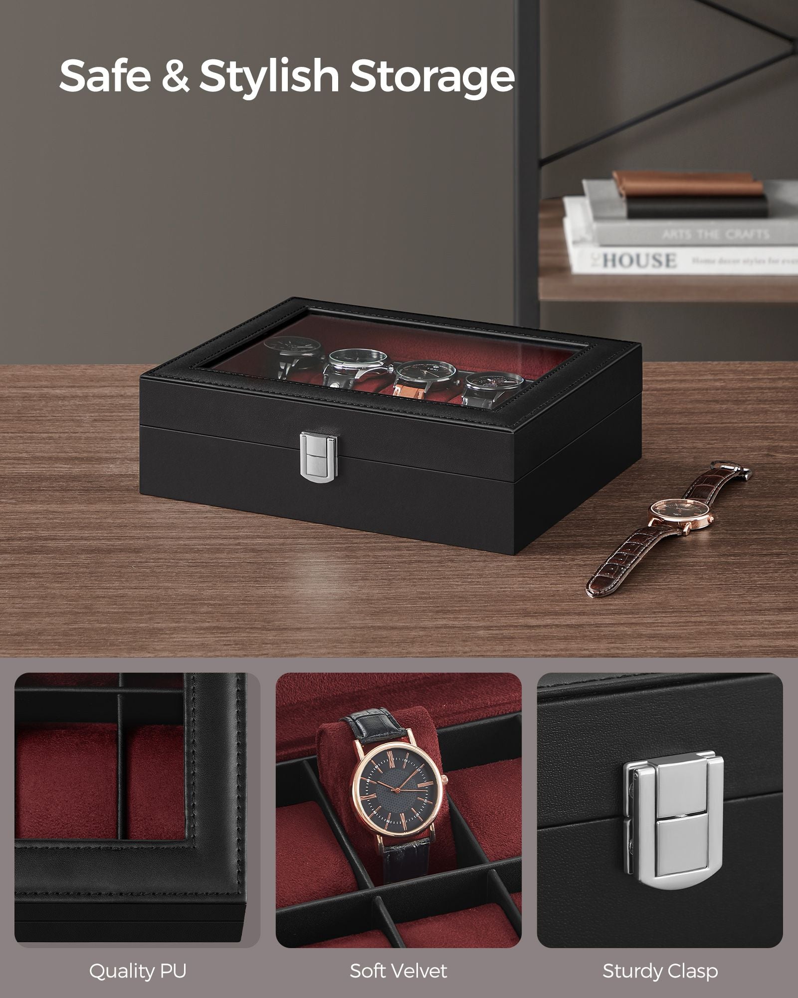 Watch Box - Glass - Clear - 10 Slots with Lockable Lid