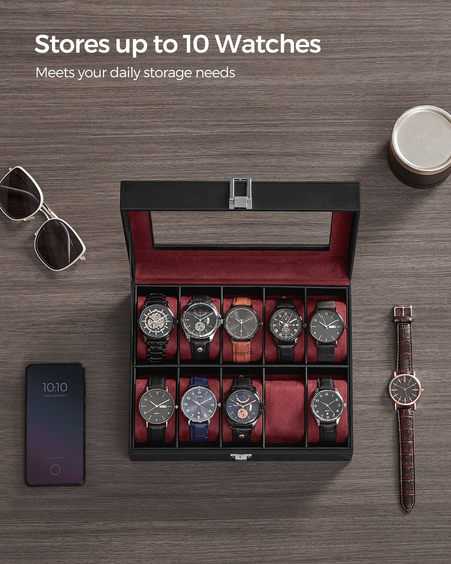 Watch Box - Glass - Clear - 10 Slots with Lockable Lid