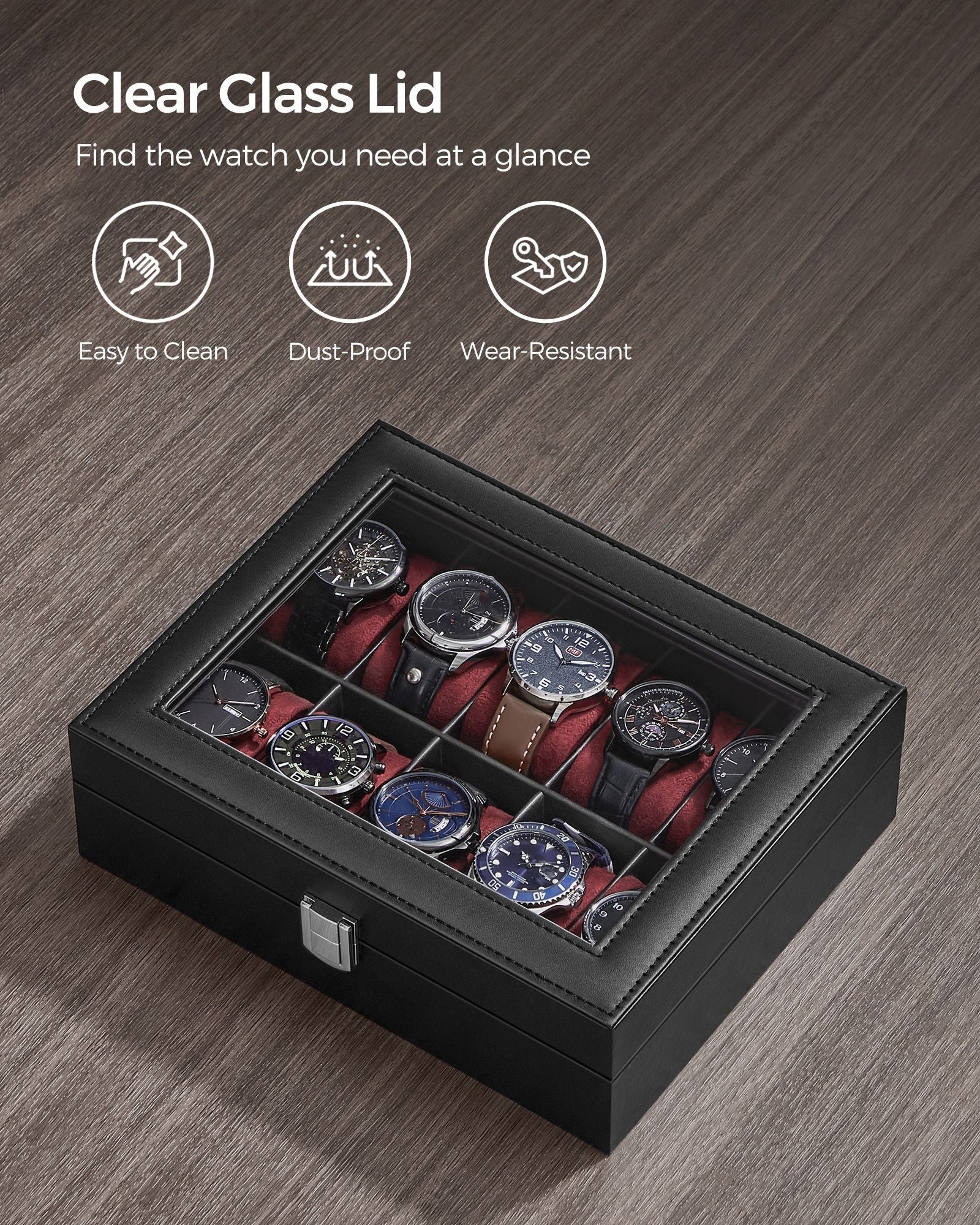 Watch Box - Glass - Clear - 10 Slots with Lockable Lid