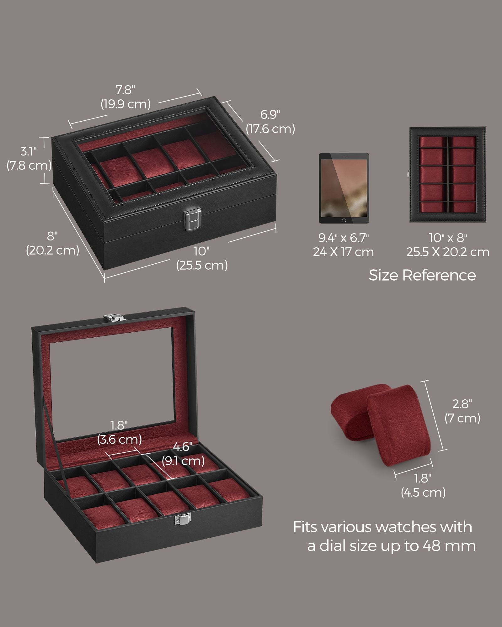 Watch Box - Glass - Clear - 10 Slots with Lockable Lid