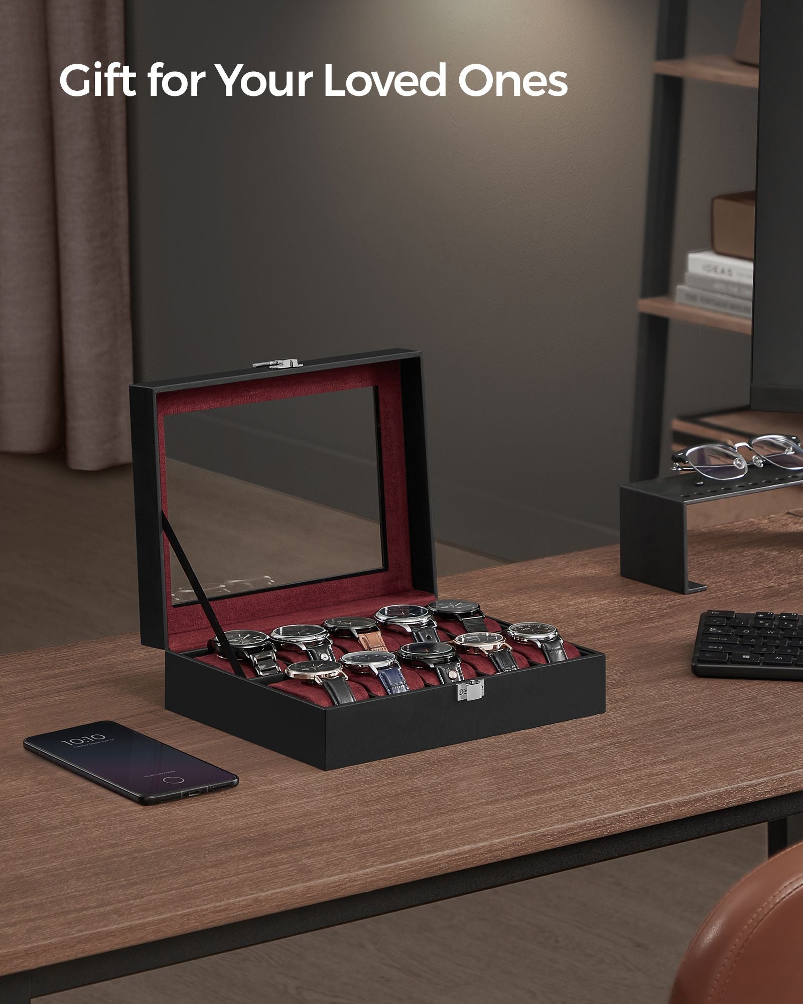Watch Box - Glass - Clear - 10 Slots with Lockable Lid