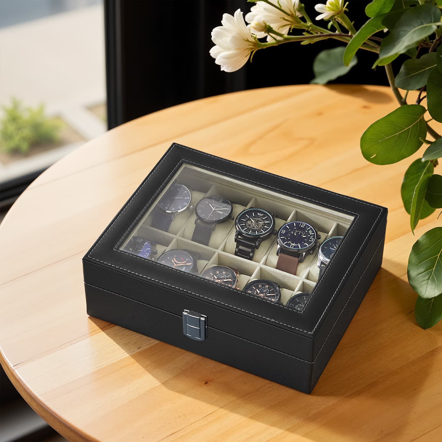 Watch Box Organizer - MDF - Black - 10-Slot with Removable Pillows and Lockable Design