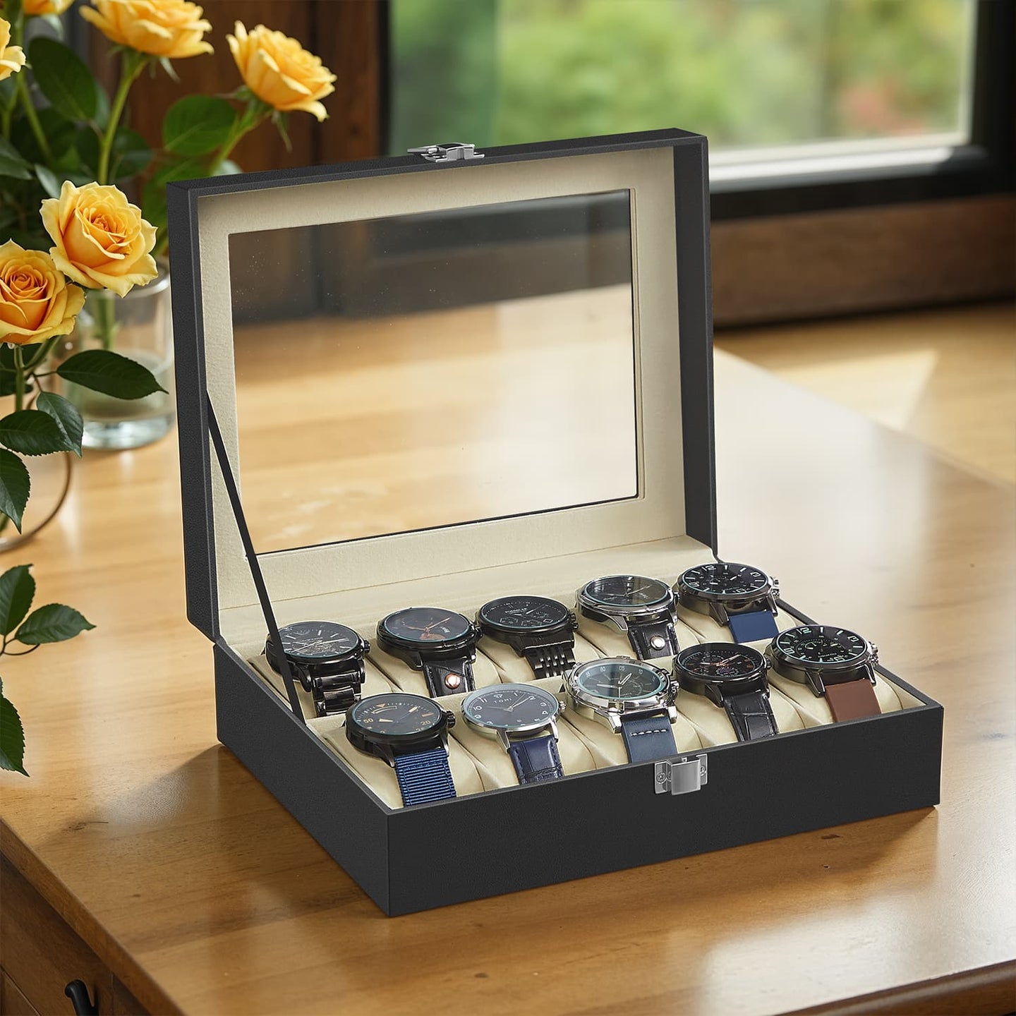 Watch Box Organizer - MDF - Black - 10-Slot with Removable Pillows and Lockable Design