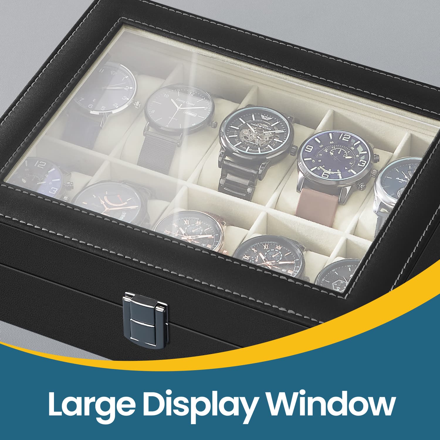 Watch Box Organizer - MDF - Black - 10-Slot with Removable Pillows and Lockable Design