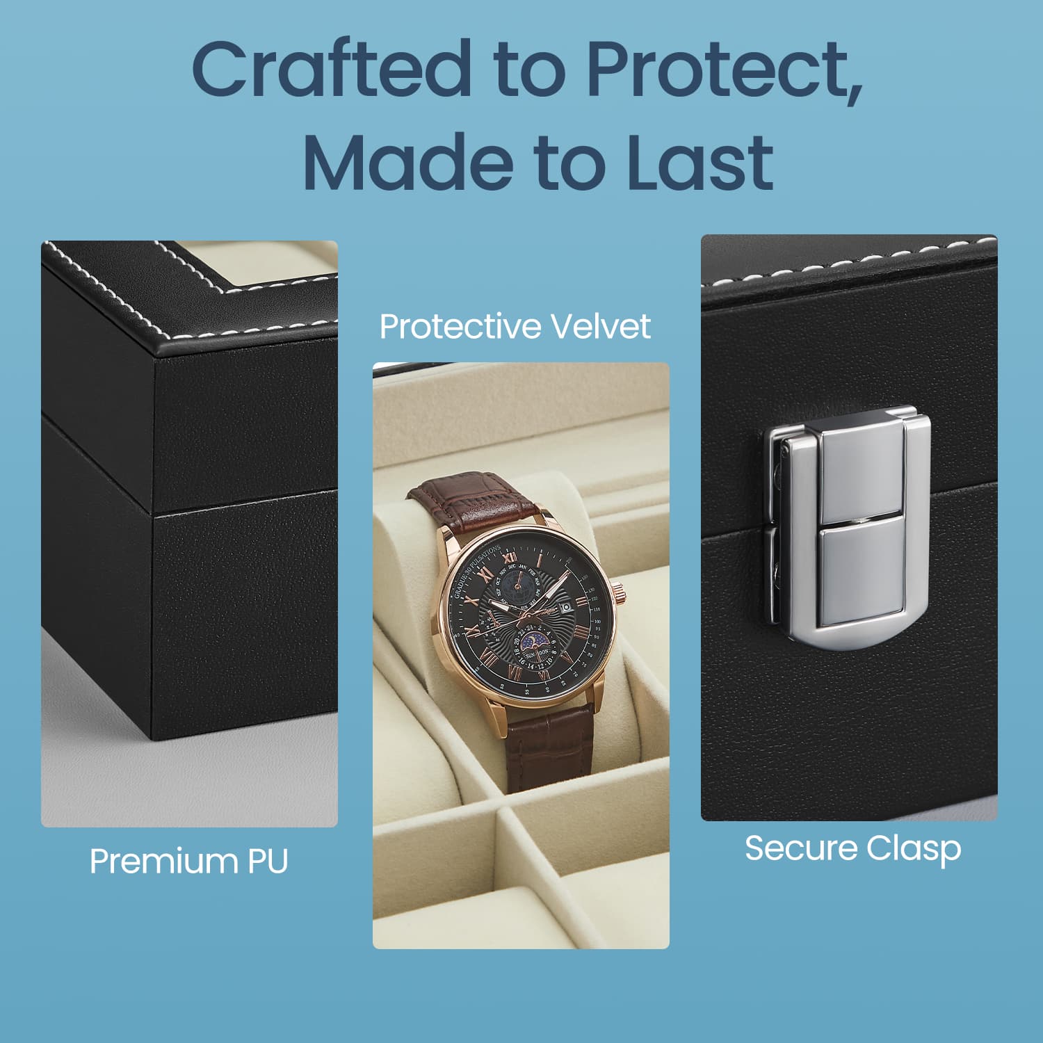 Watch Box Organizer - MDF - Black - 10-Slot with Removable Pillows and Lockable Design