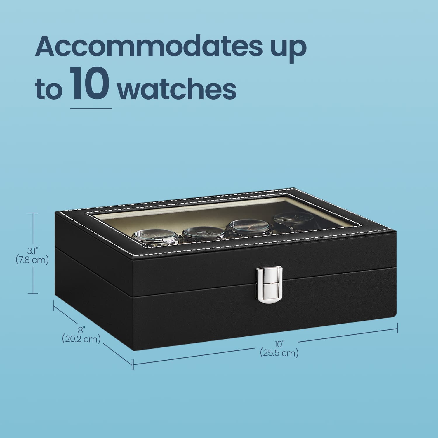 Watch Box Organizer - MDF - Black - 10-Slot with Removable Pillows and Lockable Design