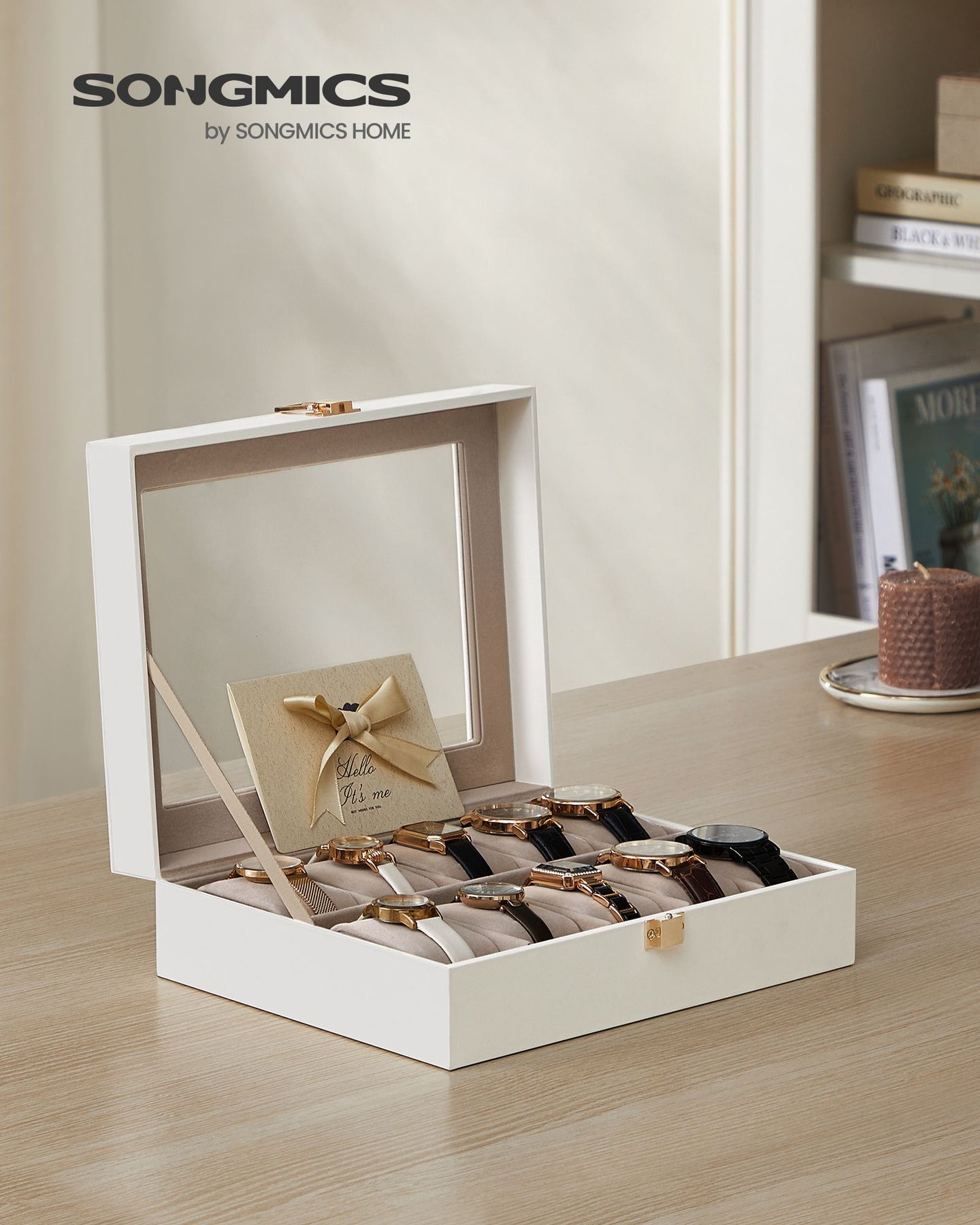 Watch Box - Wood - Black - Lockable with Glass Lid and 10 Slots