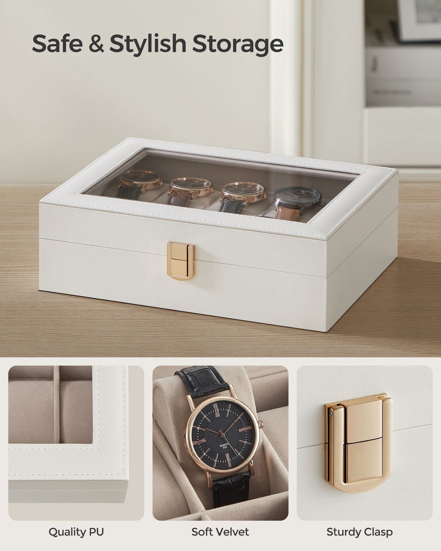 Watch Box - Wood - Black - Lockable with Glass Lid and 10 Slots