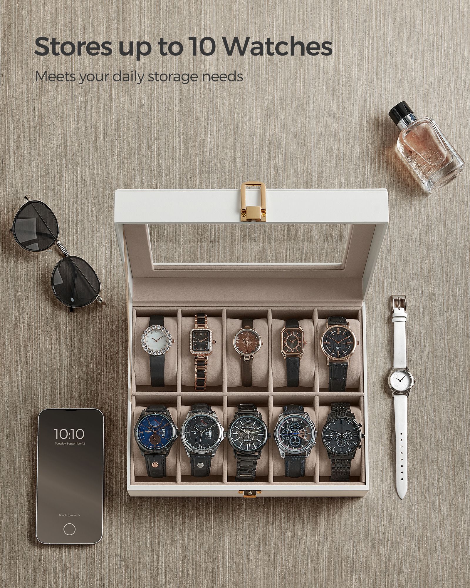 Watch Box - Wood - Black - Lockable with Glass Lid and 10 Slots