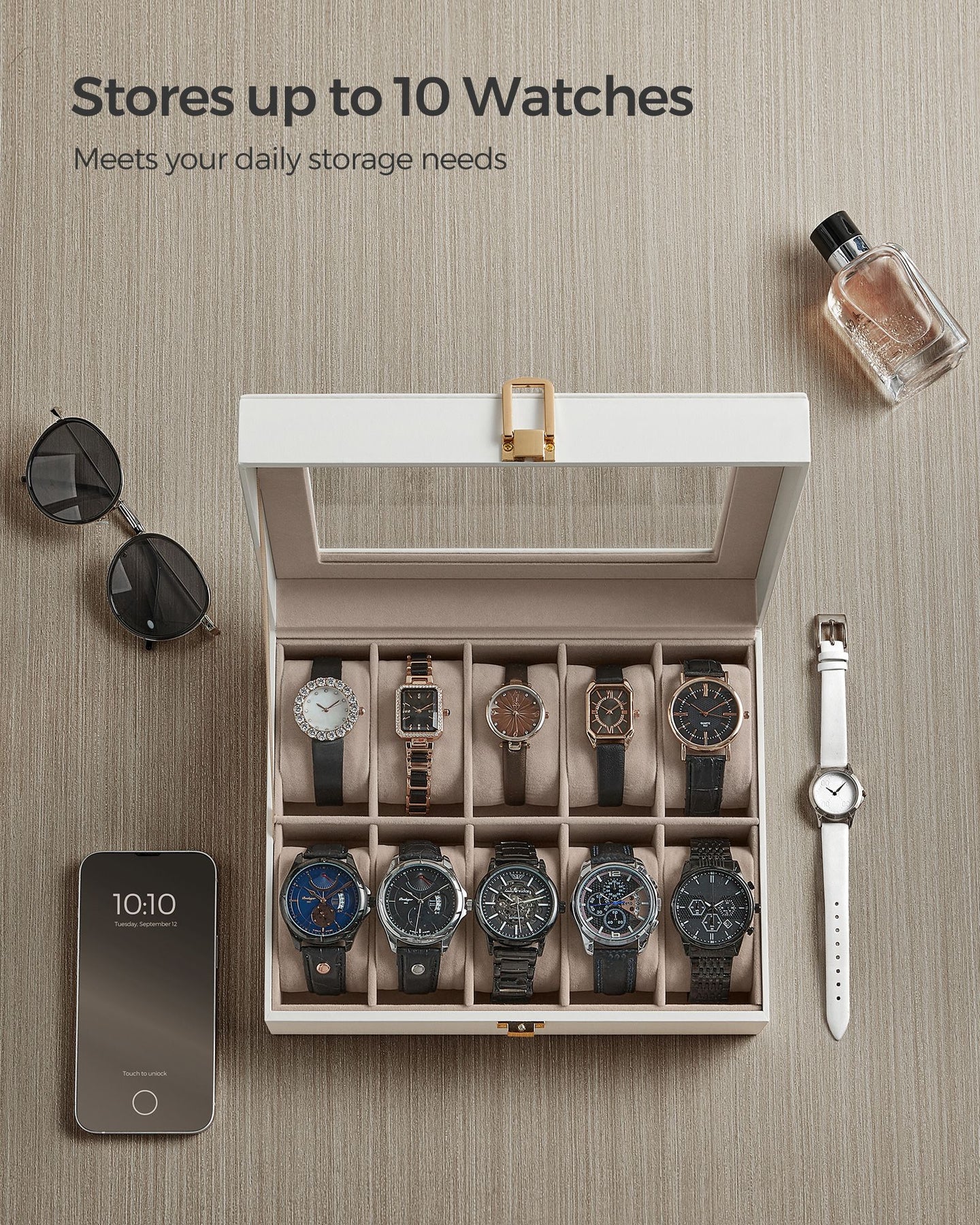 Watch Box - Wood - Black - Lockable with Glass Lid and 10 Slots