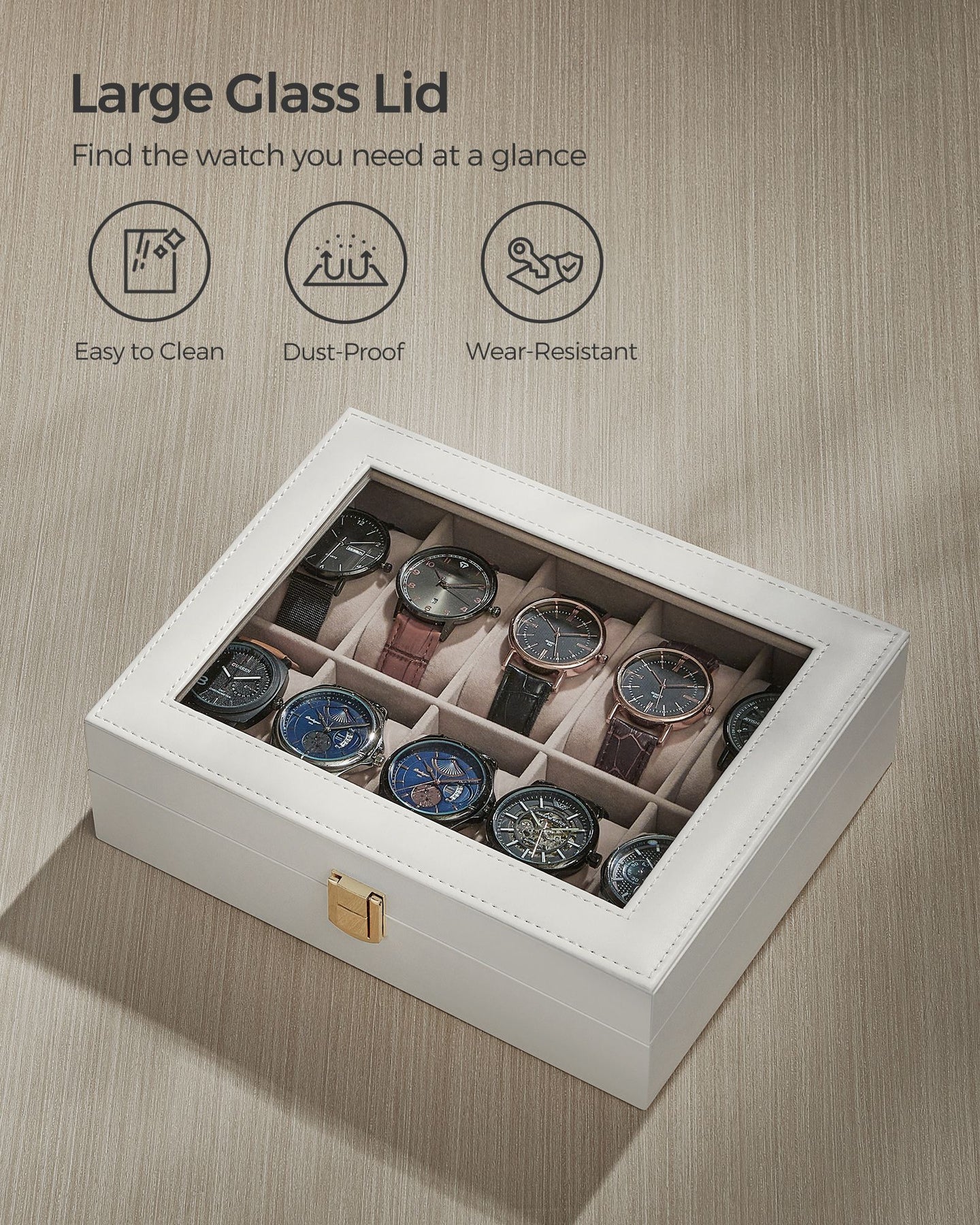 Watch Box - Wood - Black - Lockable with Glass Lid and 10 Slots