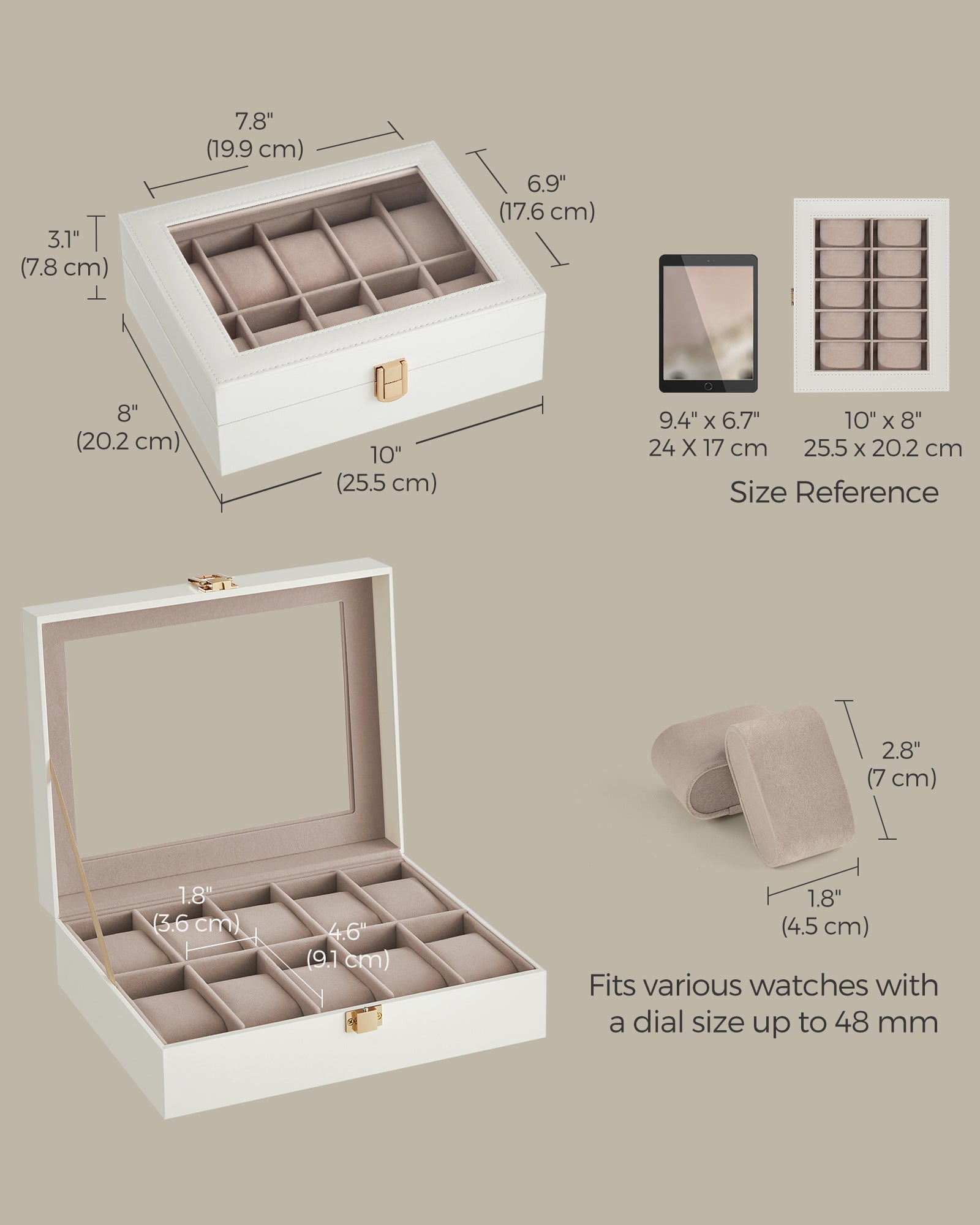 Watch Box - Wood - Black - Lockable with Glass Lid and 10 Slots