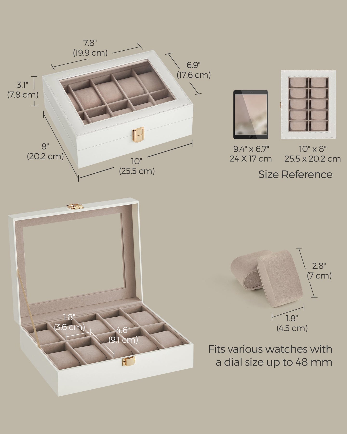 Watch Box - Wood - Black - Lockable with Glass Lid and 10 Slots