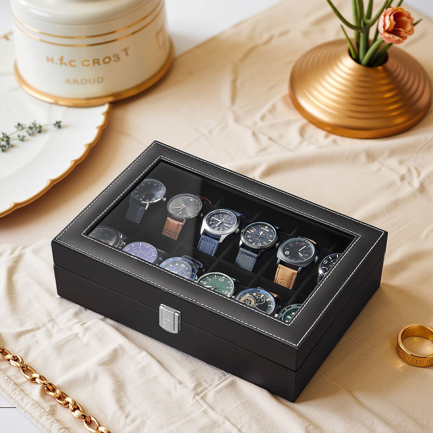 Watch Box - Synthetic Leather - Brown - 12 Slots with Glass Lid and Drawer