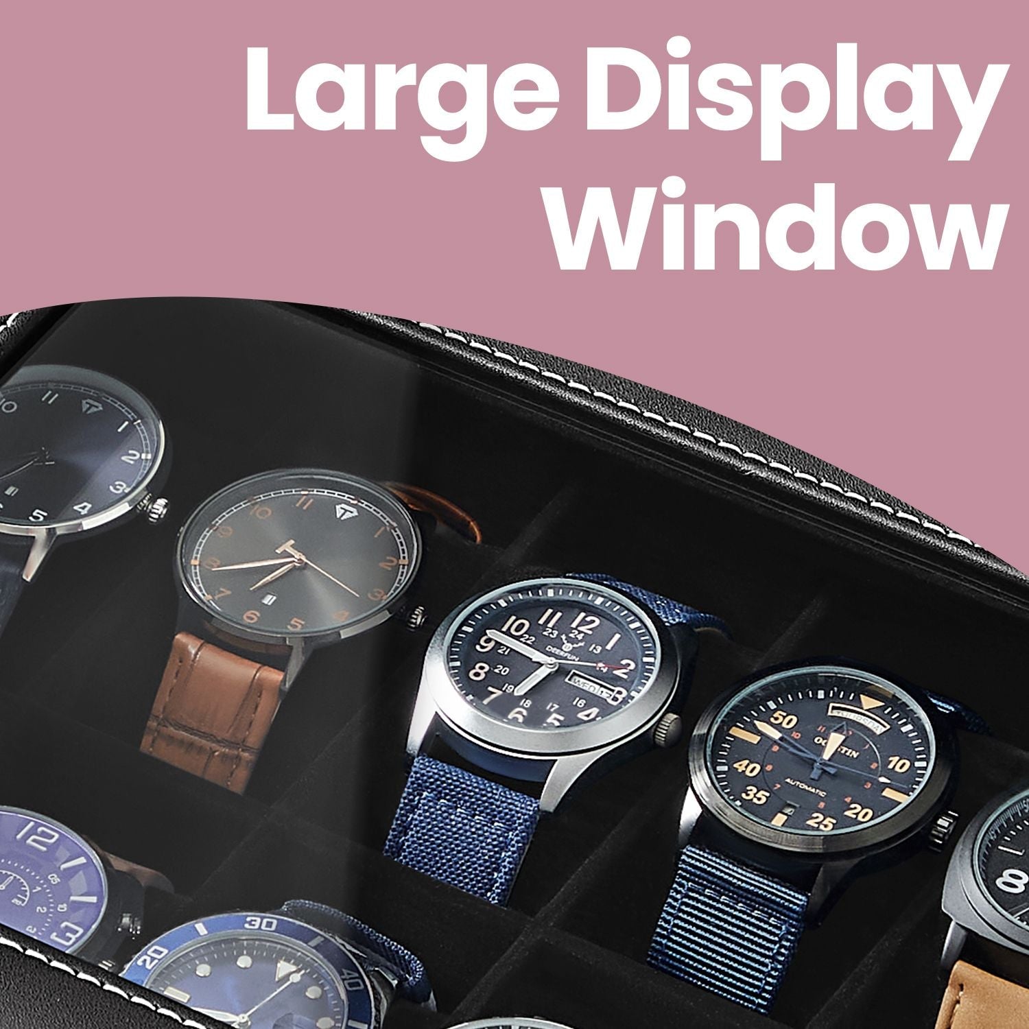 Watch Box - Synthetic Leather - Brown - 12 Slots with Glass Lid and Drawer