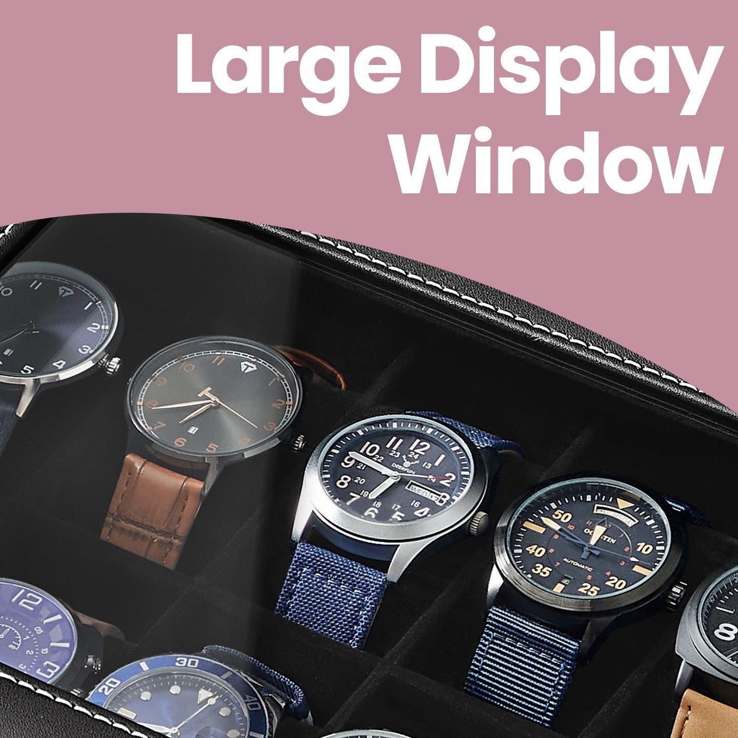 Watch Box - Synthetic Leather - Brown - 12 Slots with Glass Lid and Drawer