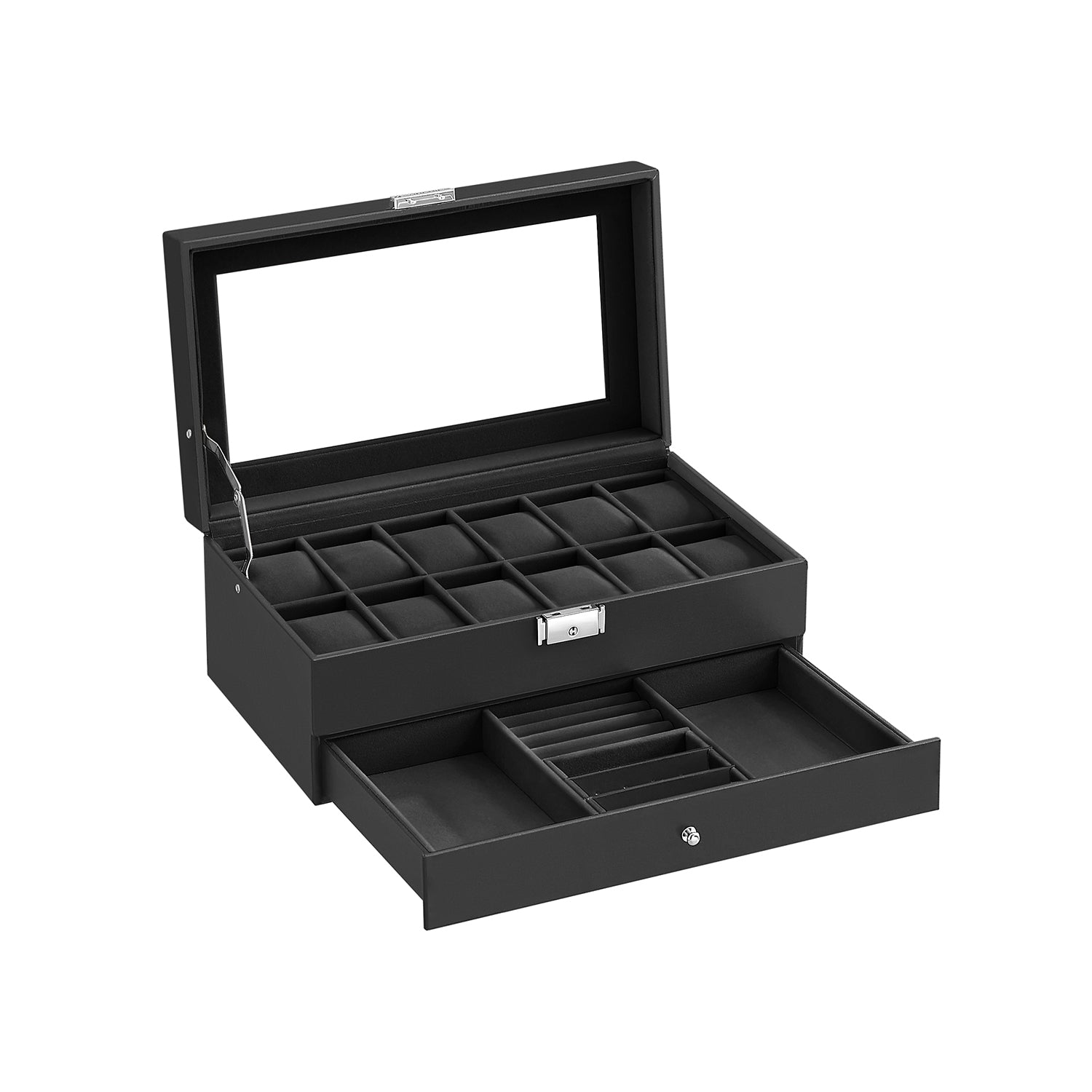 Watch Box - Wood - Black - Two Layers with Glass Lid and Bracelet Tray