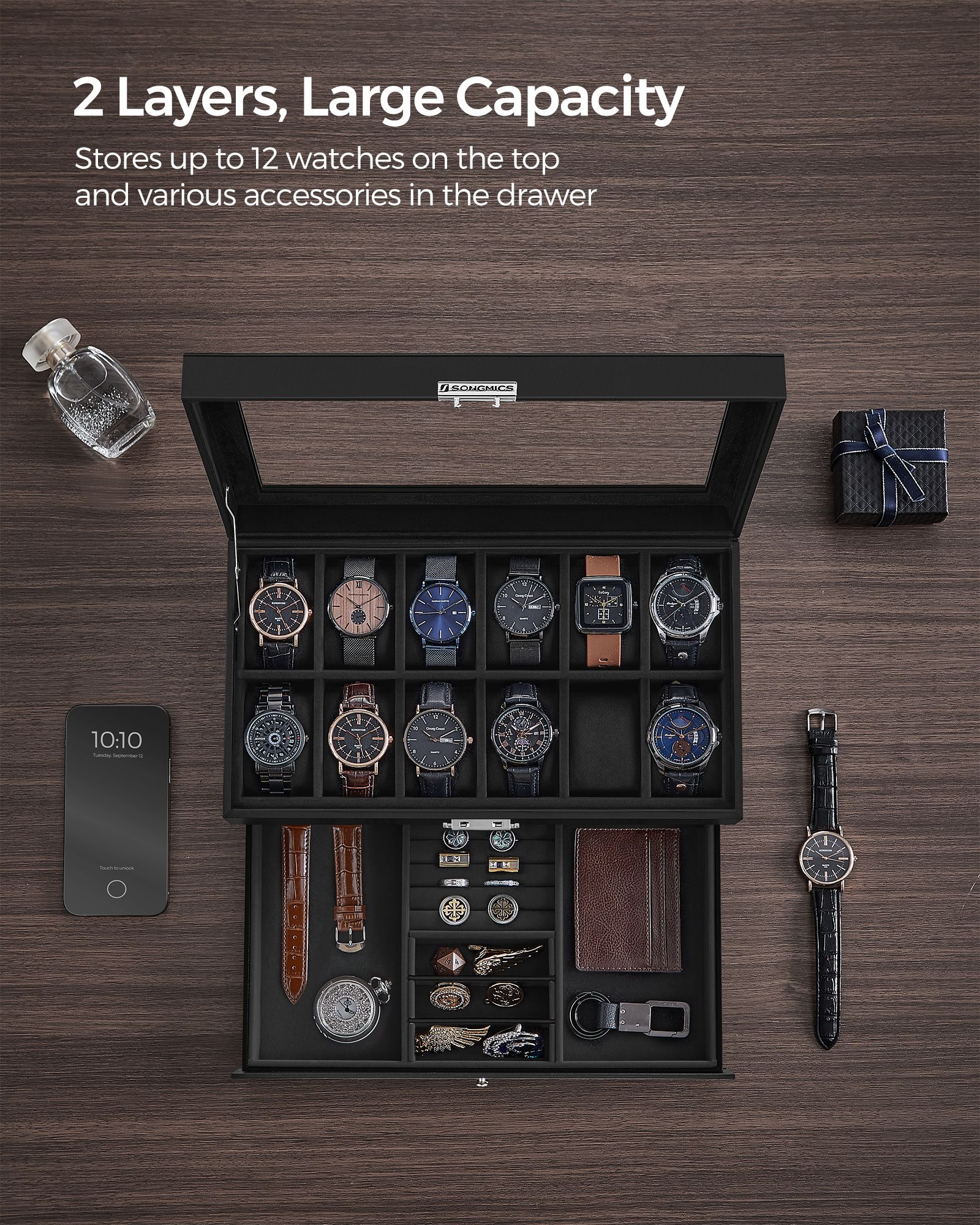 Watch Box - Wood - Black - Two Layers with Glass Lid and Bracelet Tray