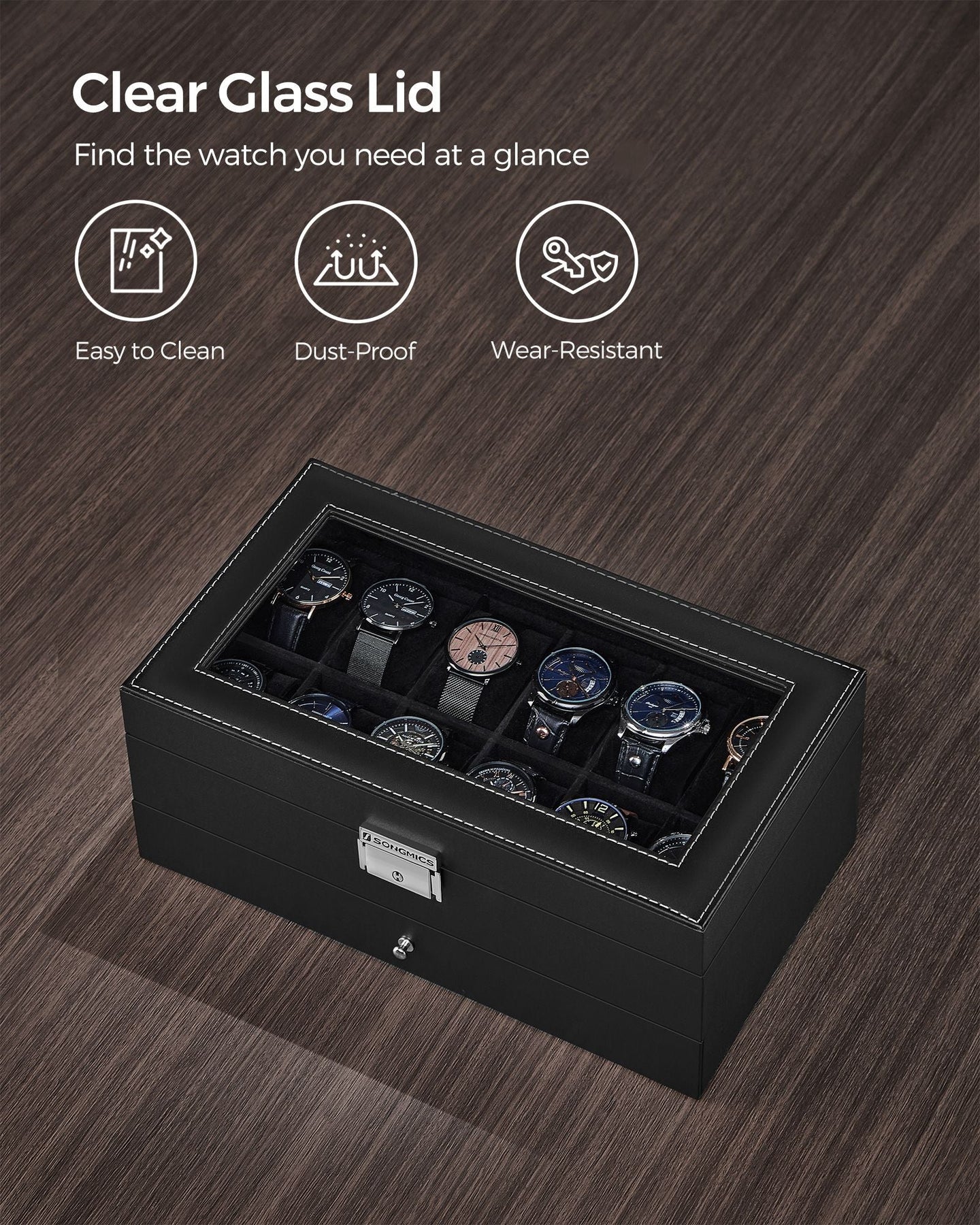 Watch Box - Wood - Black - Two Layers with Glass Lid and Bracelet Tray