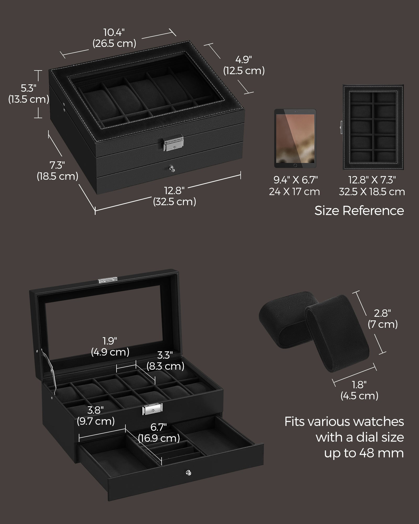 Watch Box - Wood - Black - Two Layers with Glass Lid and Bracelet Tray