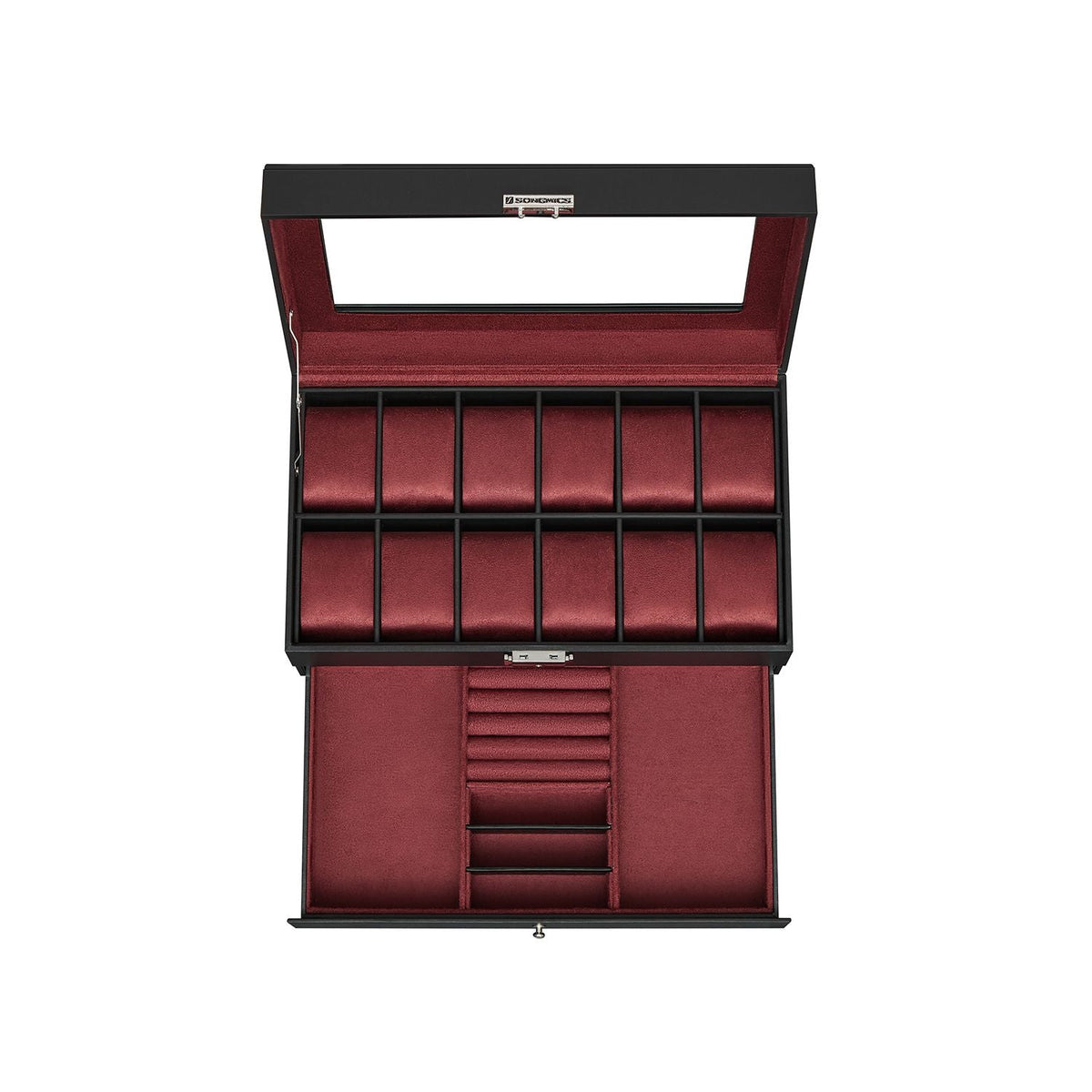2-Tier Watch Box - Faux Leather - Ink Black and Wine Red - Glass Lid with Bracelet Tray