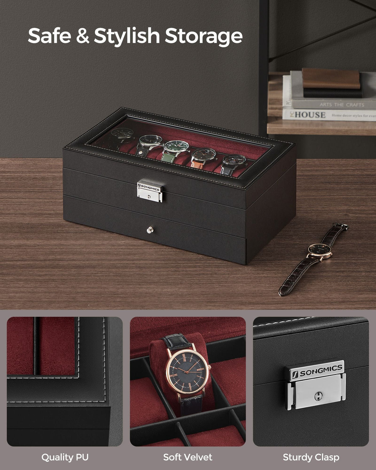 2-Tier Watch Box - Faux Leather - Ink Black and Wine Red - Glass Lid with Bracelet Tray