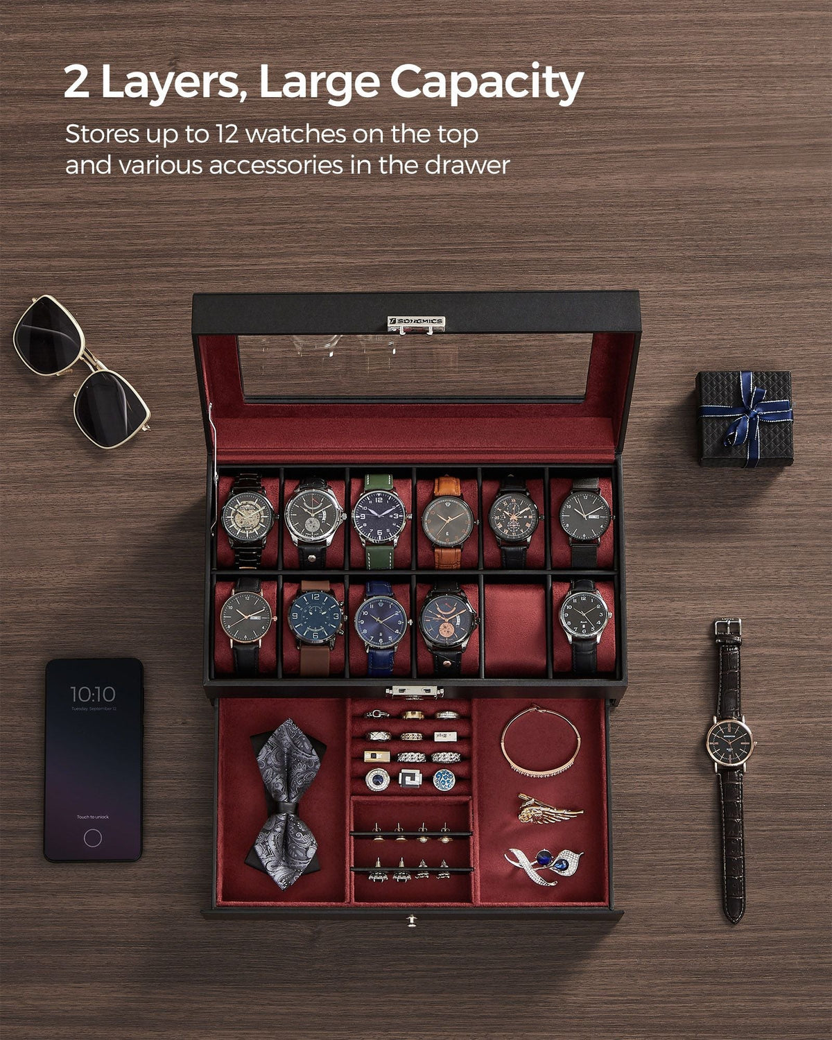 2-Tier Watch Box - Faux Leather - Ink Black and Wine Red - Glass Lid with Bracelet Tray