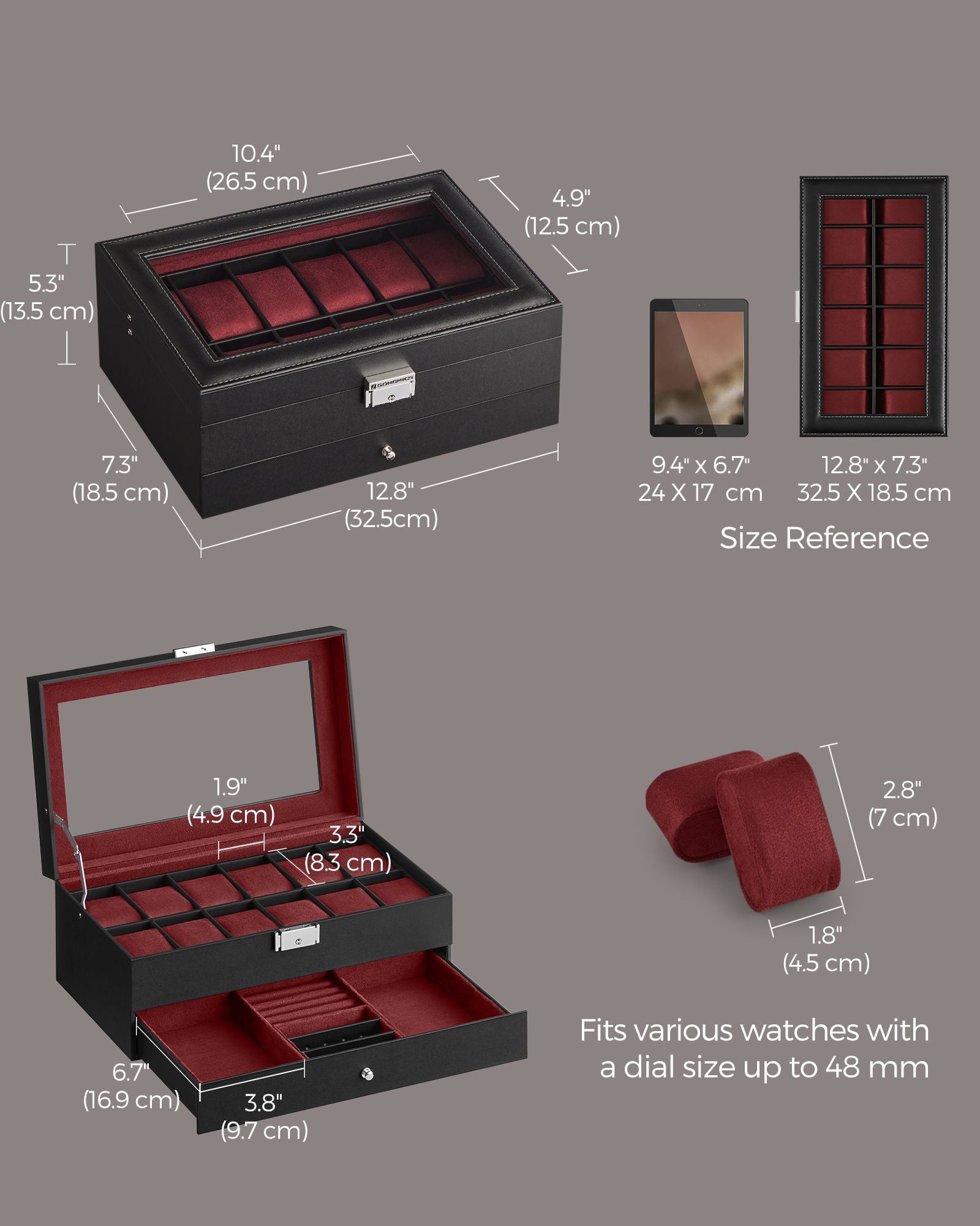 Watch Box - Synthetic Leather - Brown - 12 Slots with Glass Lid and Drawer