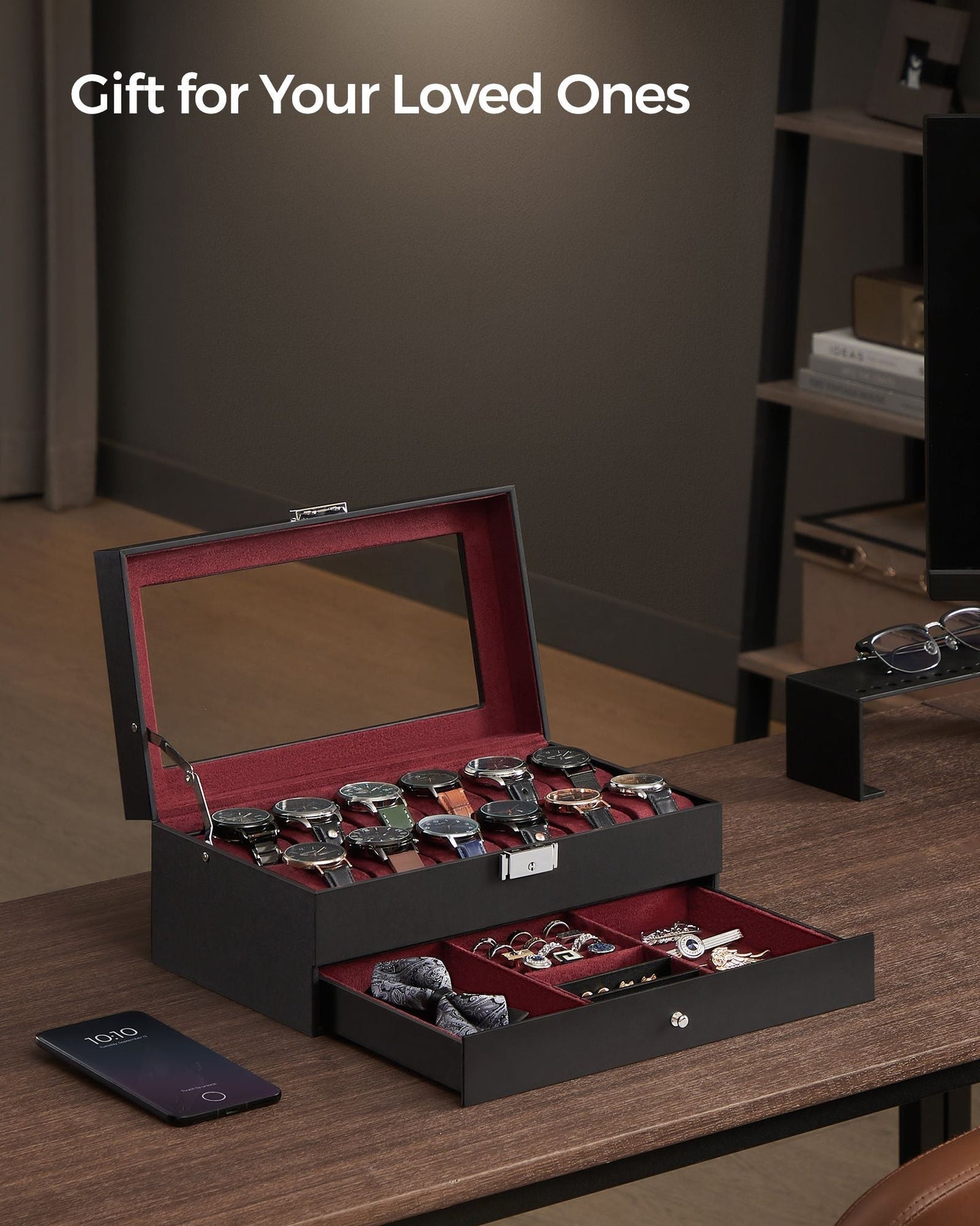 2-Tier Watch Box - Faux Leather - Ink Black and Wine Red - Glass Lid with Bracelet Tray