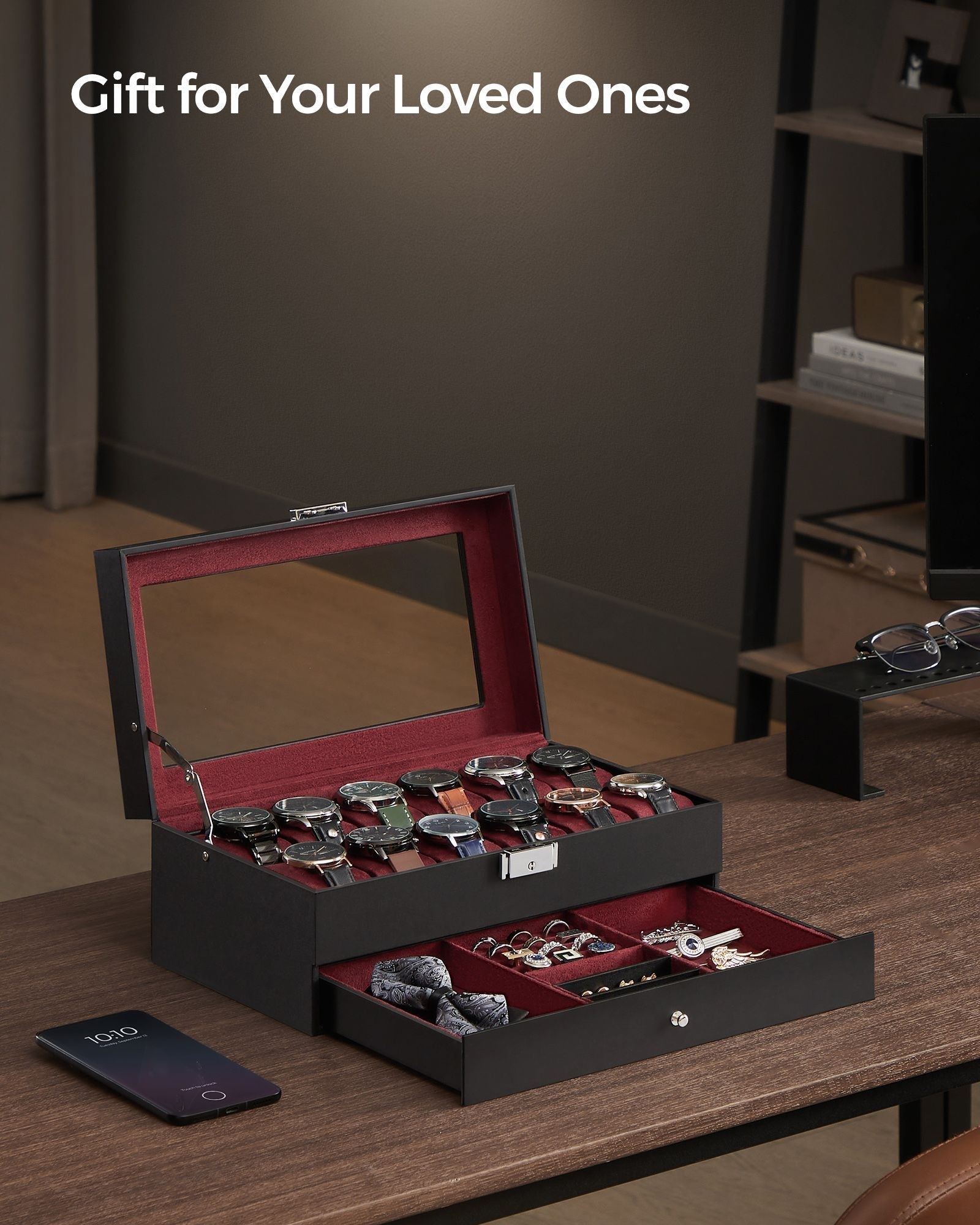 Watch Box - Synthetic Leather - Brown - 12 Slots with Glass Lid and Drawer