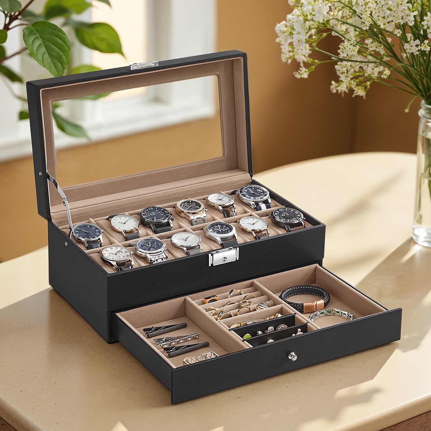 Watch Box - Synthetic Leather - Brown - 12 Slots with Glass Lid and Drawer