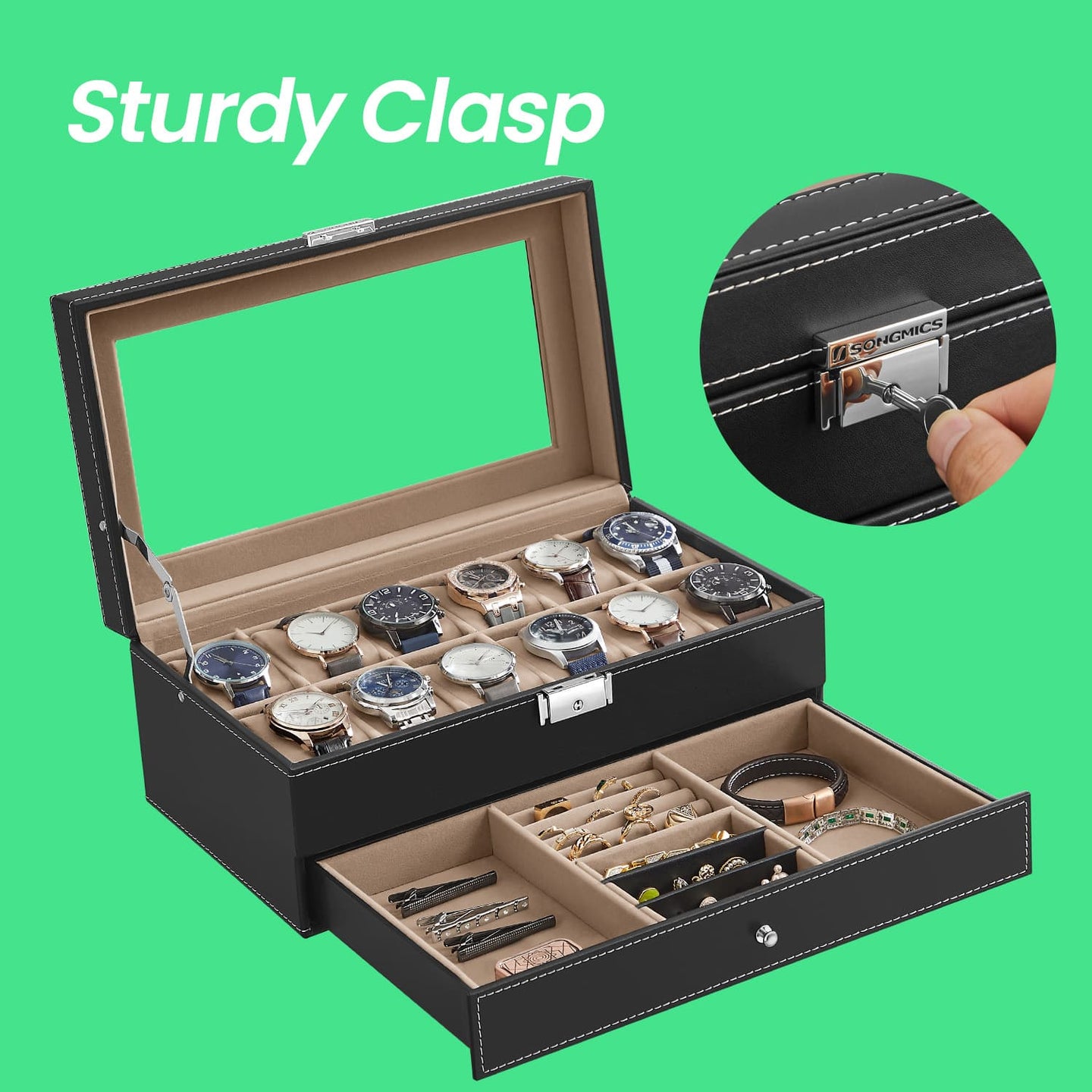 Watch Box - Synthetic Leather - Brown - 12 Slots with Glass Lid and Drawer
