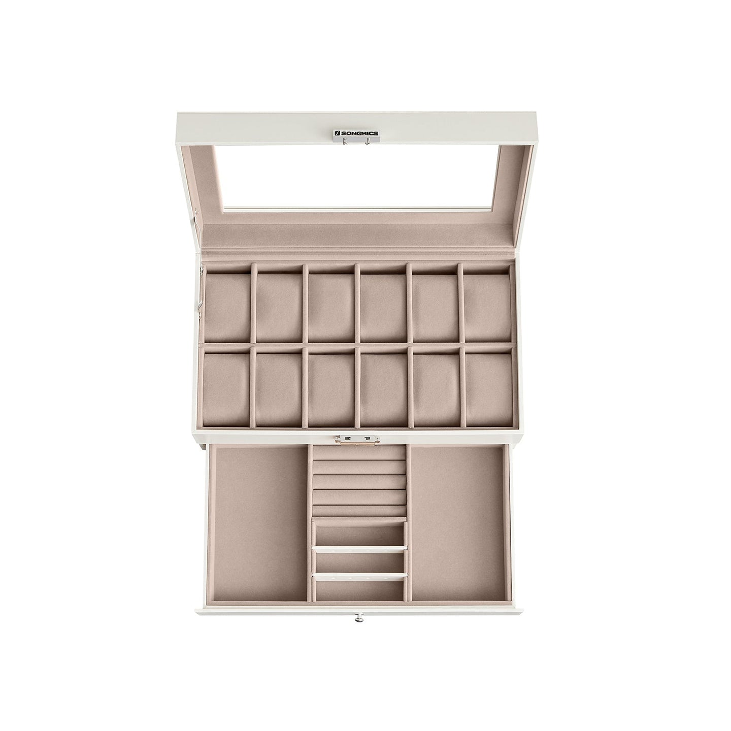 2-Tier Watch Box - Wood - Cloud White - Glass Lid with Bracelet Tray