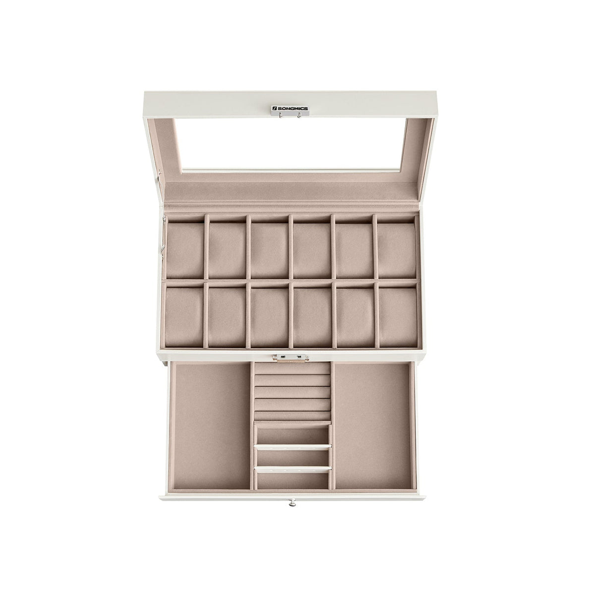 2-Tier Watch Box - Wood - Cloud White - Glass Lid with Bracelet Tray